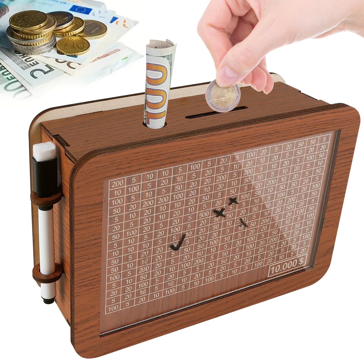 Wooden Savings Box With Money Target & Numbers - Perfect Cash Saver & Best Gift For Friends(10000 Dollar)