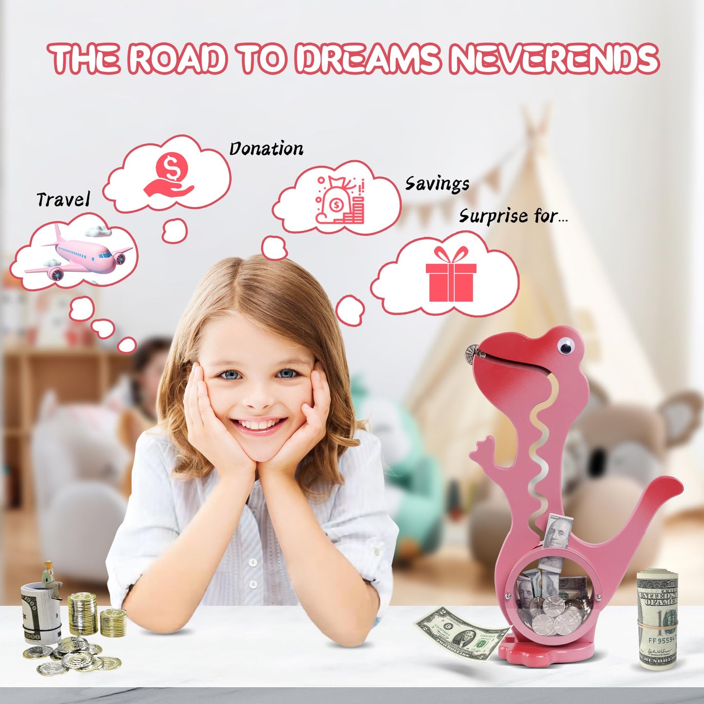squacco Dinosaur Piggy Bank Boalord for Girls Boys Kids Big Animal Personalized Wooden Coin Bank Money Saving Box for Children mature-themed Best Toy Gift(Dino -Pink)