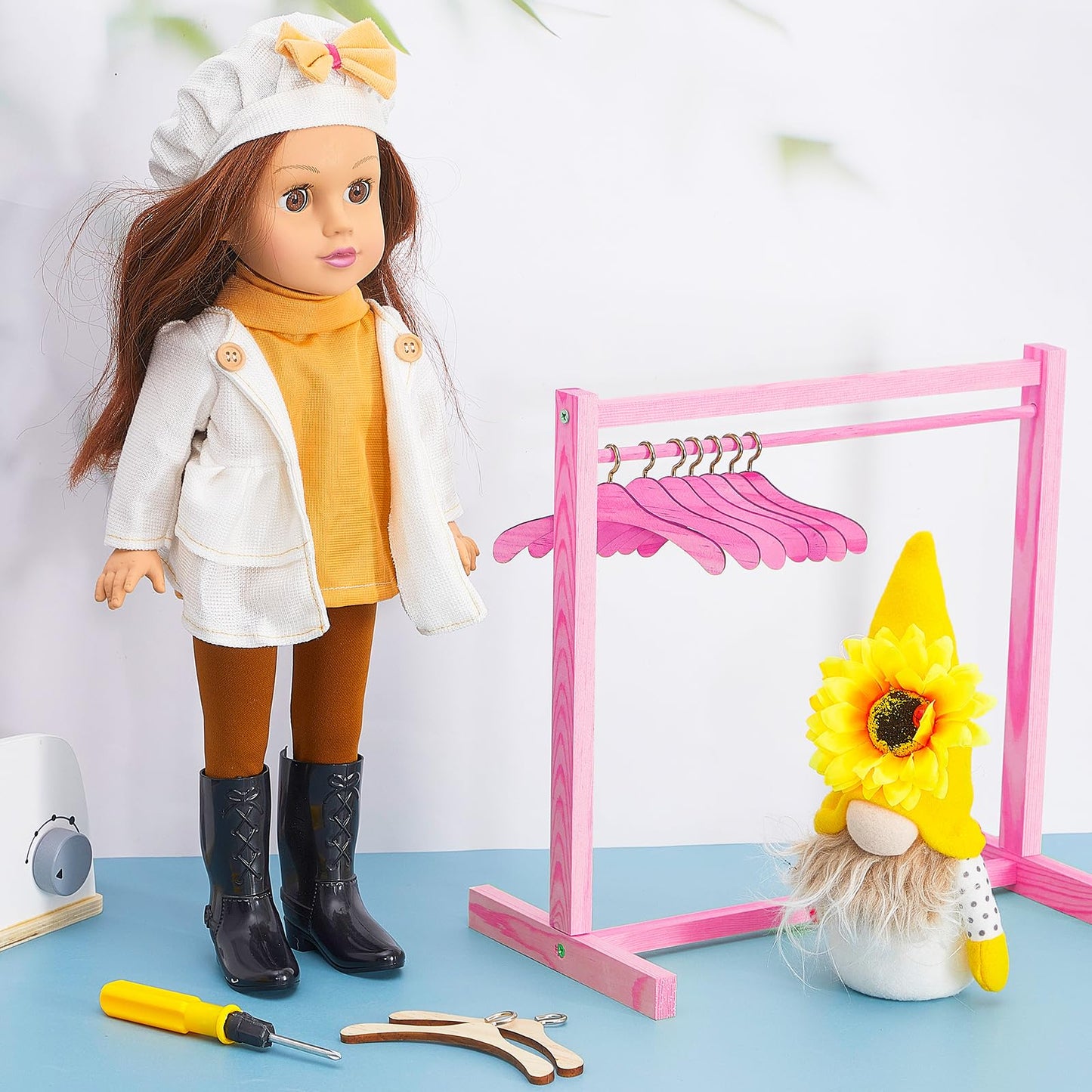Civaner Doll Garment Rack With Wooden Clothes Hanger For 18 Inch Girl Doll Clothes Mini Hangers Wardrobe Furniture Accessories For Dollhouse Baby Shower Supplies(Pink)