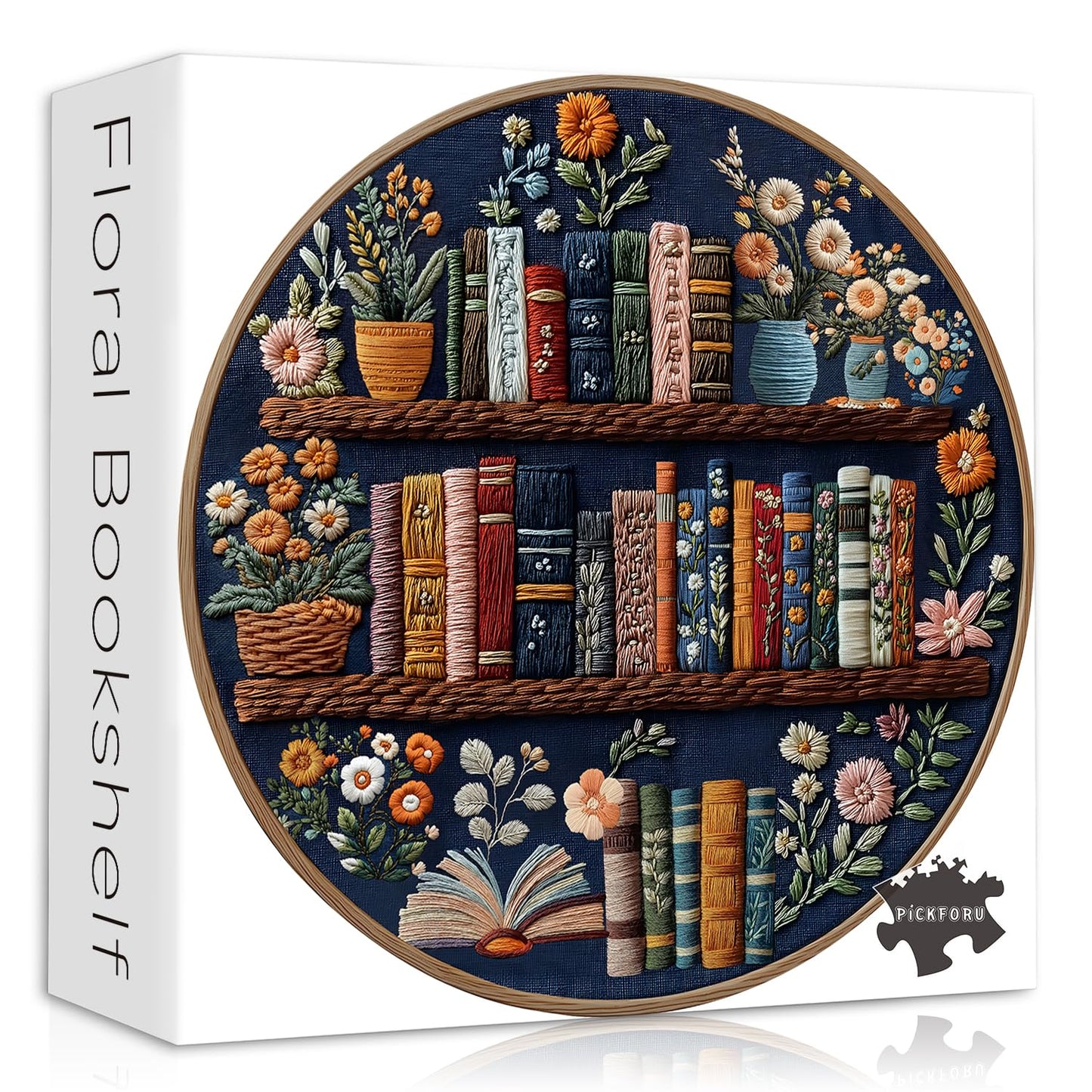 PICKFORU Blooming Bookshelf Puzzles for Adults 1000 Pieces, Round Book Flower Puzzle Library, Wildflower Pages Jigsaw Puzzles, C