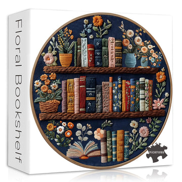PICKFORU Blooming Bookshelf Puzzles for Adults 1000 Pieces, Round Book Flower Puzzle Library, Wildflower Pages Jigsaw Puzzles, C