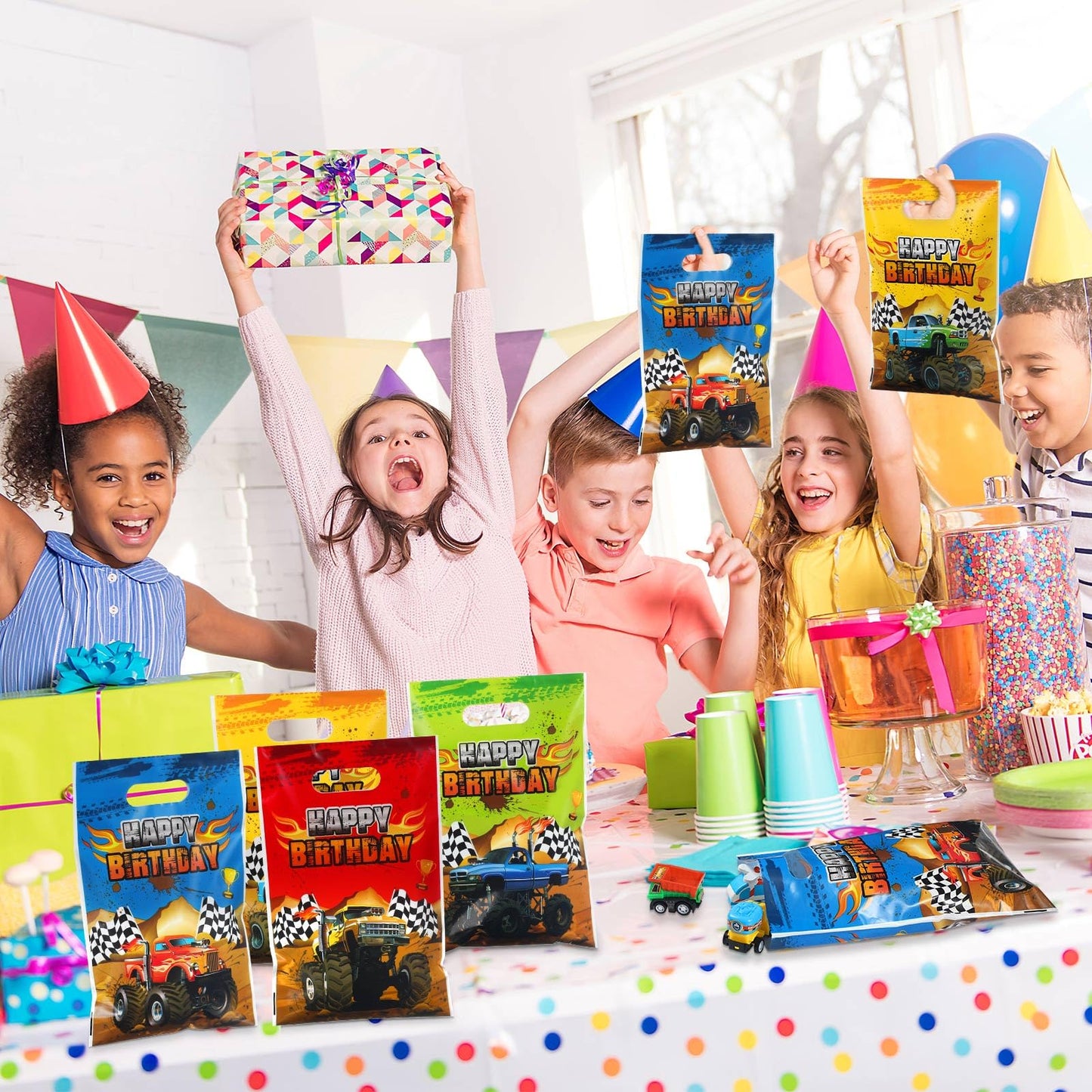 Pajean 48 Pieces Monster Truck Gift Bags Bulk Plastic Happy Birthday Truck Party Bag Racing Truck Treat Goodie Bags for Kids Mon