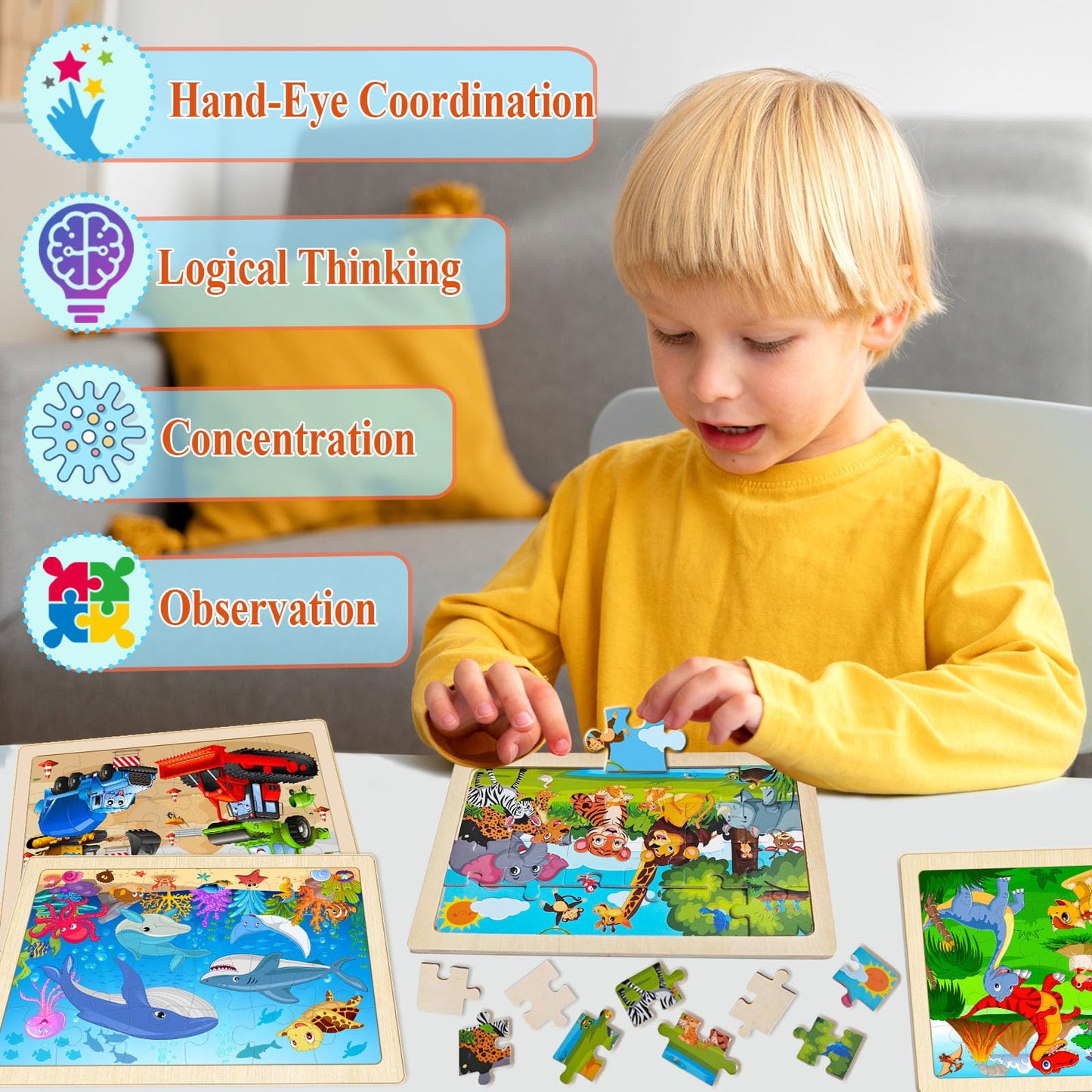 WaaLod Wooden Puzzles for Kids - 4 Pack, 24 Pieces, Educational & Learning, Multicolor, Ages 4-6