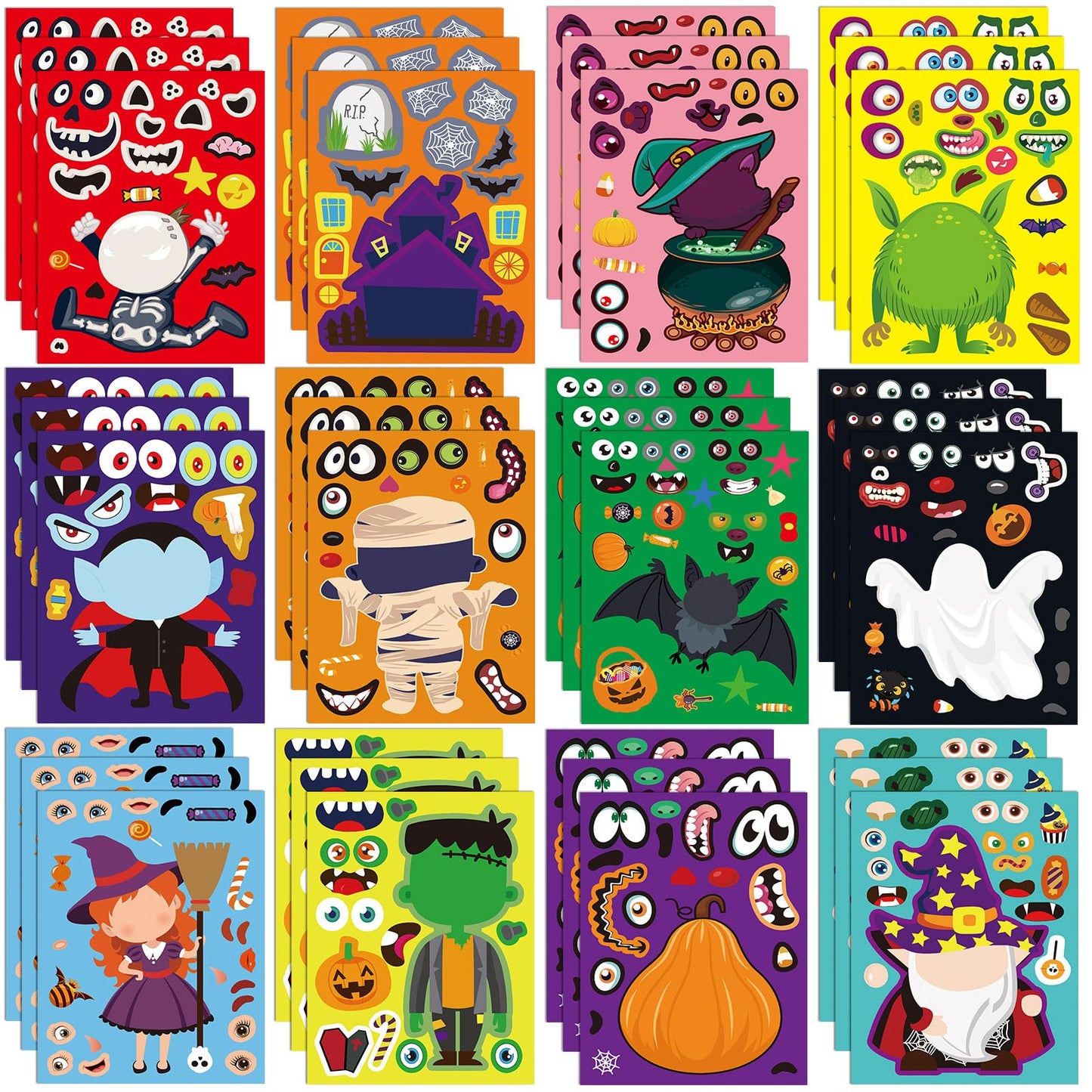 DECYOOL 36 Pack Halloween Stickers, Halloween Make a Face Stickers Vampires Witches Ghost Make Your Own Stickers for Halloween C