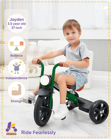 KRIDDO Kids Tricycles Age 2 Years to 5 Years, 12 Inch Puncture Free Rubber Wheel w Front Light, Adjustable Seat Height, Gift Tod
