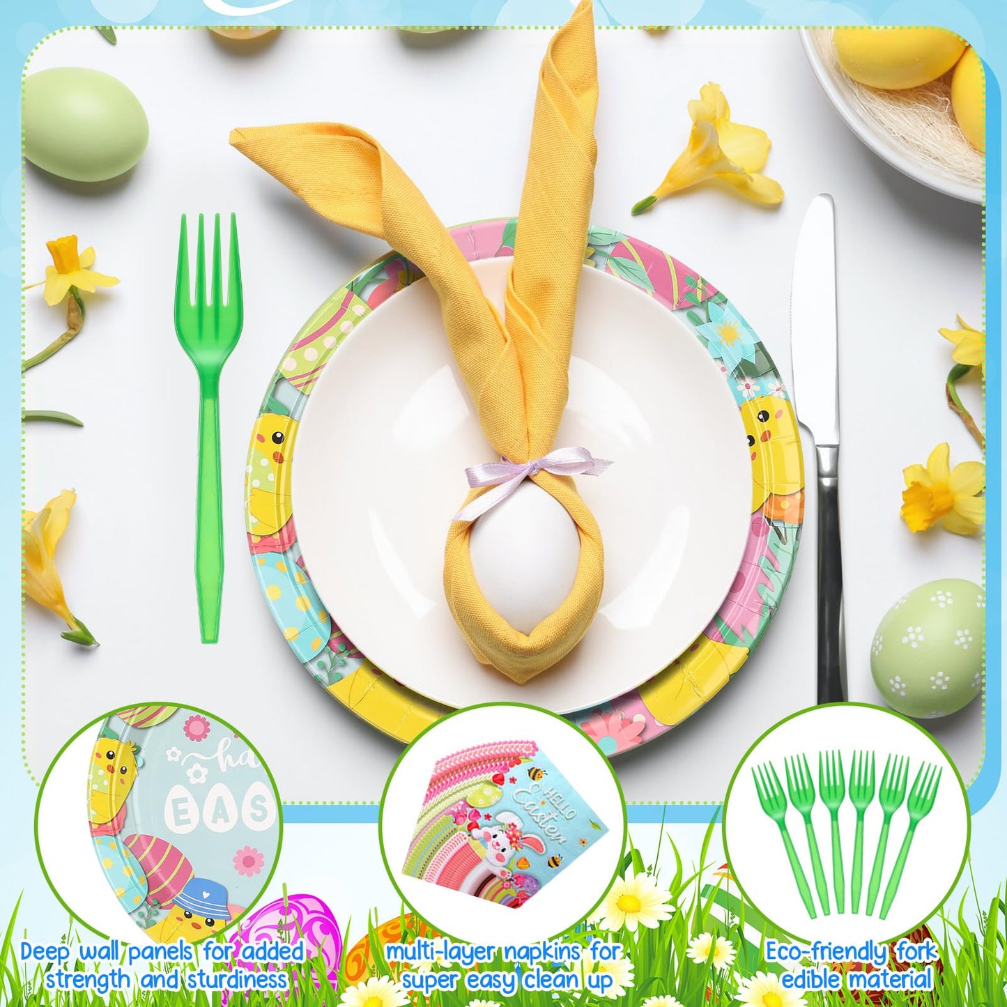 SiliFine 96 Pcs Easter Plates and Napkins Disposable Dinnerware Supplies for 24 Guests, Paper Tableware Include 9 Dinner Plates,