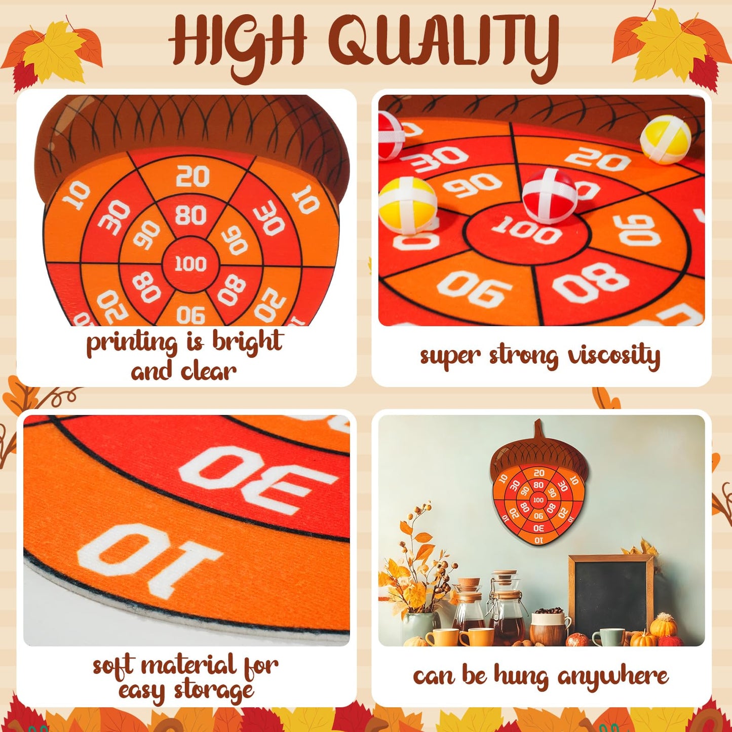 TEASIK Thanksgiving Acorn Dart Board - Fall Crafts for Kids Halloween & Thanksgiving Decorations with 10 Balls Autumn Party Wall Decor for Family Game Night (21.3x16.5 Inch)