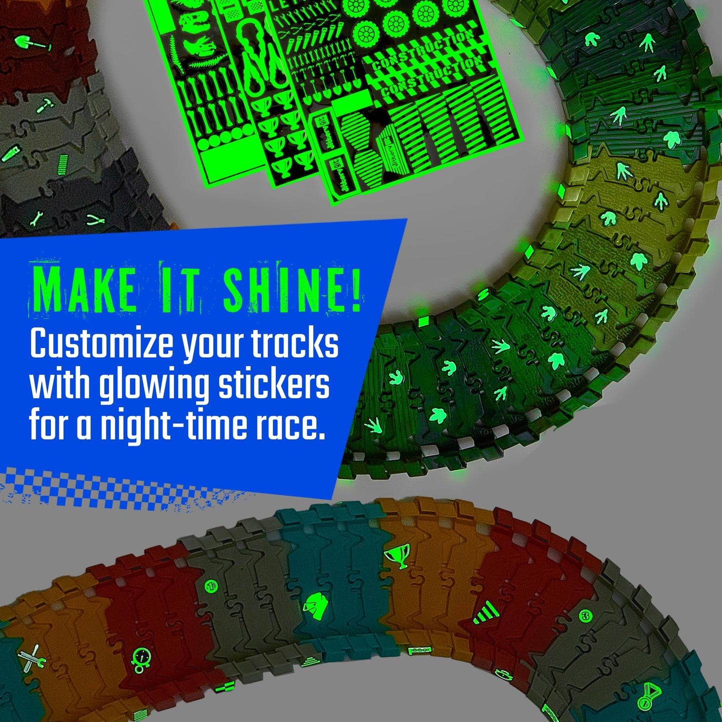 Extra 72 Track Pieces & 3 Glow Sticker Sheets Pack - Expand Your Racetrack Fun! Build Bigger, Race Faster, and Shine Brighter!
