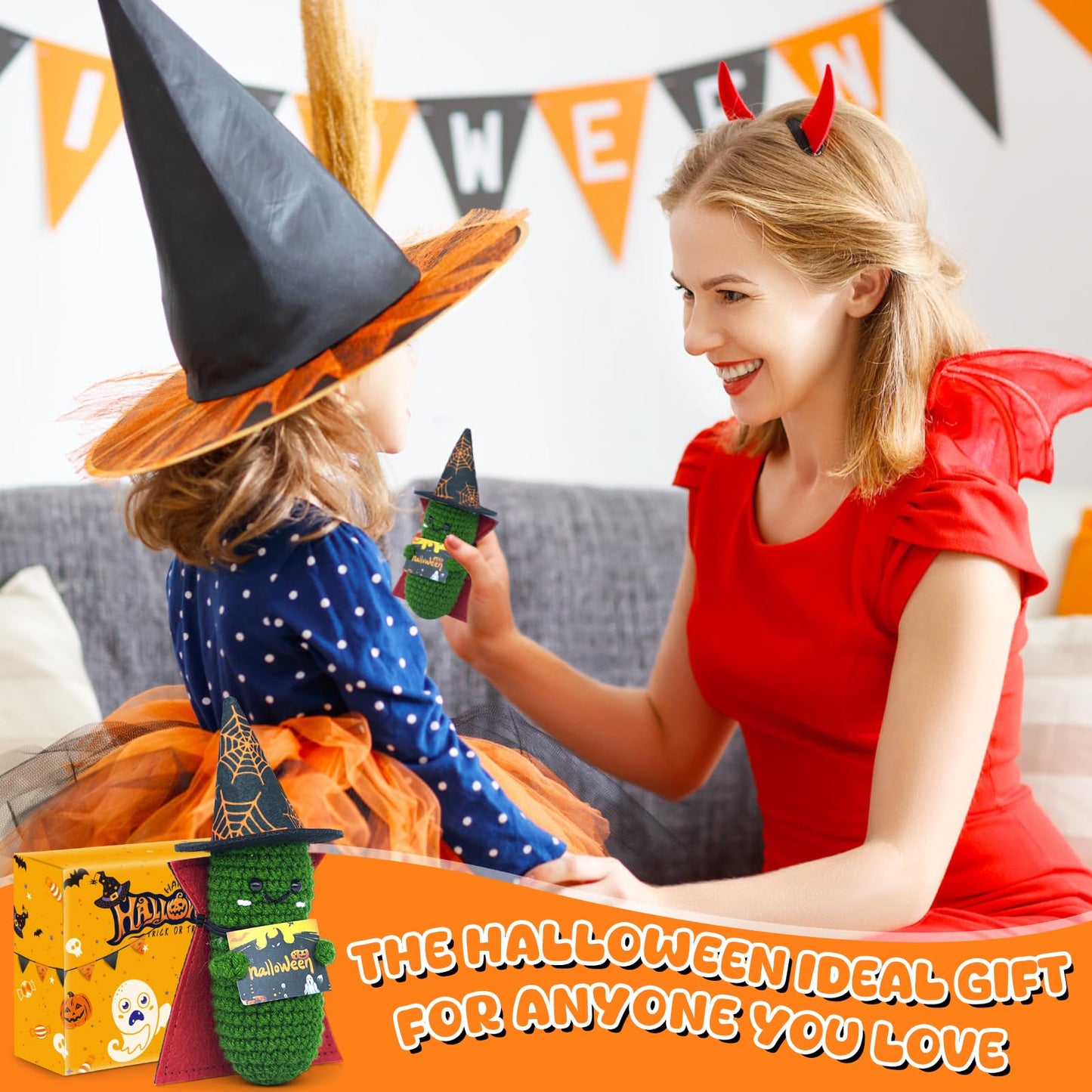Unique Gifts for Halloween Kids and Teens - Mini Funny Emotional Support Pickle with Magic Hat and Cloak - Cute Knitted Plush Doll Halloween Decoration for Women  Toddlers  mature-themed