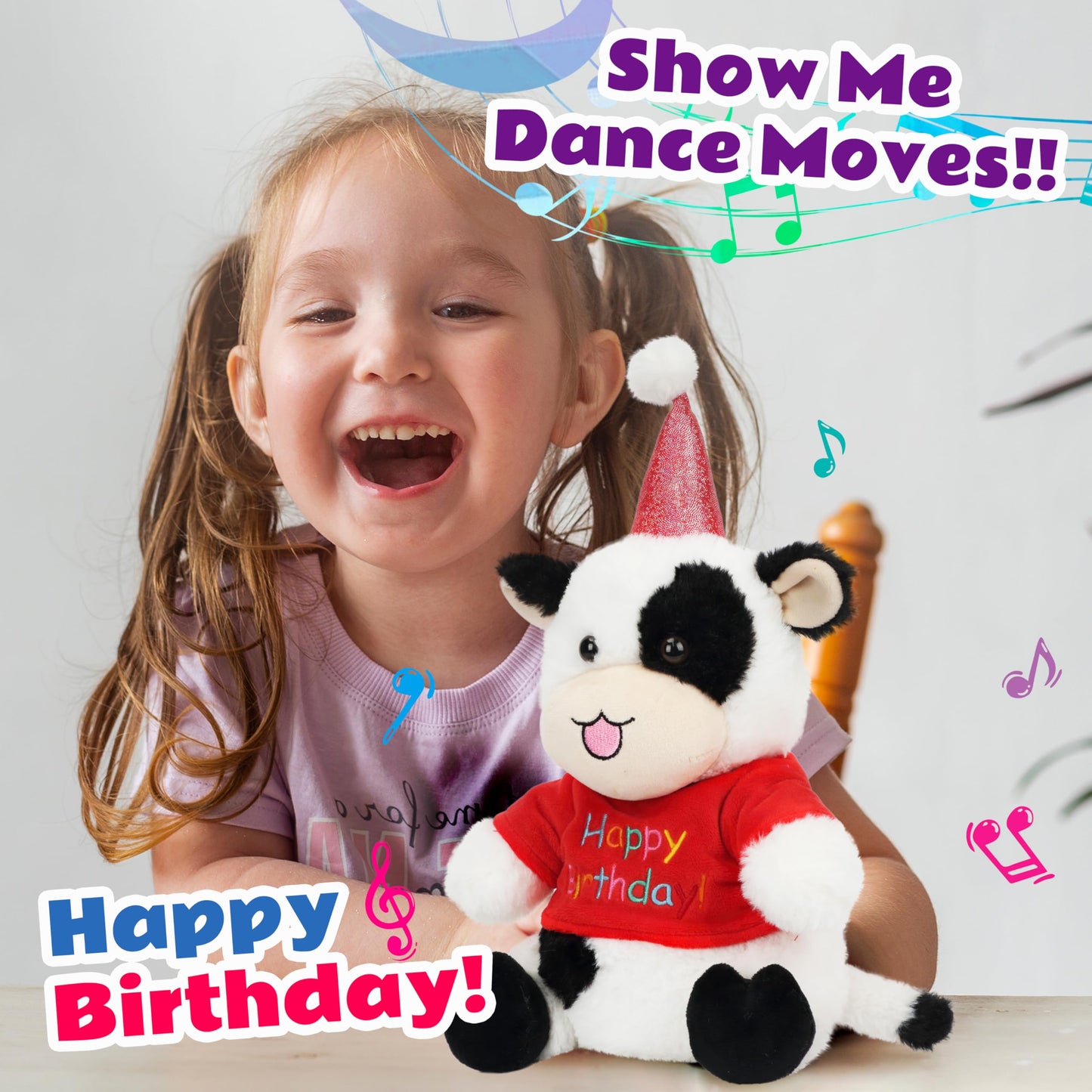 Cuteoy Happy Birthday Cow Musical Stuffed Animal Shaking Singing Dancing Plush Toy Electric Interactive Animated Plushies Gifts