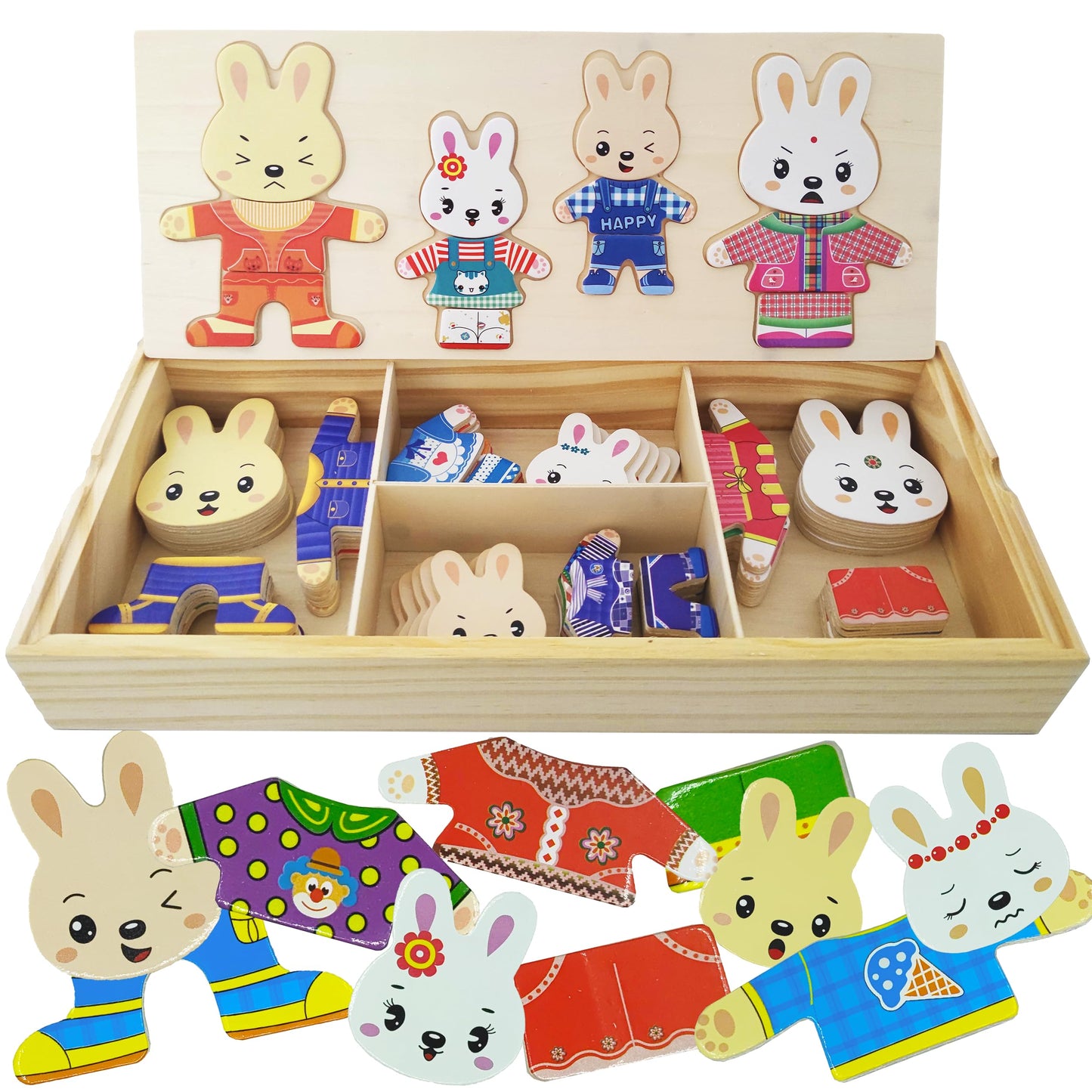 Lilybeauty Wooden Bunny Family Dress-Up Puzzle Box For Toddlers(72Pcs),Change Clothes Puzzle Games, Preschool Learning Activitie