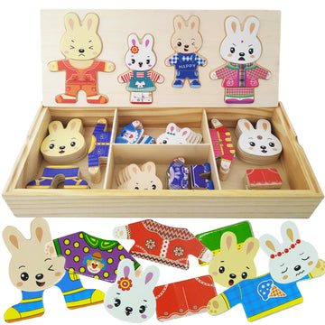 Lilybeauty Wooden Bunny Family Dress-Up Puzzle Box For Toddlers(72Pcs),Change Clothes Puzzle Games, Preschool Learning Activitie