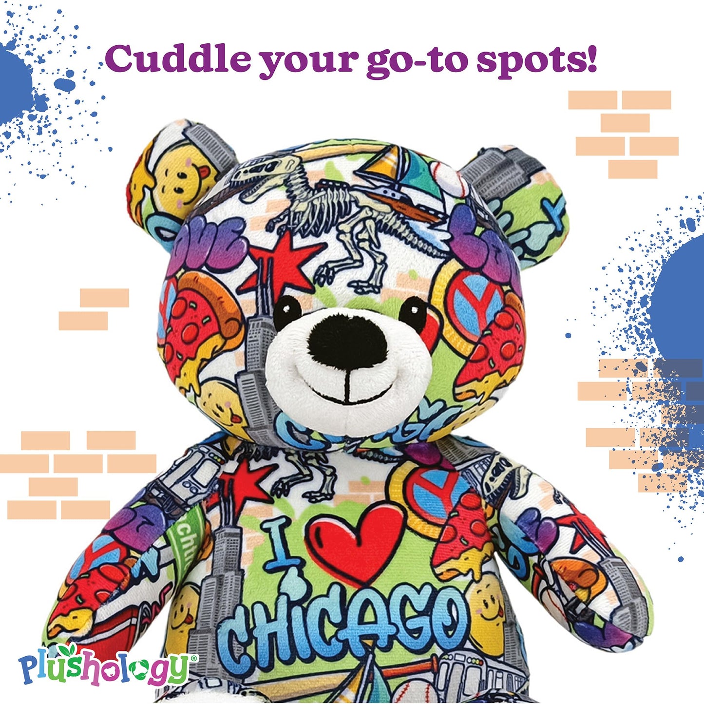 PLUSHOLOGY I Love Chicago Graffiti Teddy Bear Eco Friendly Stuffed Animal; Cuddly Soft Velboa Plush Animal for Kids 3 Years Old to mature-themeds; Child-Safe Embroidered Face Details (10 Tall When Seated)