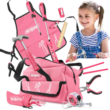 Hi-Spec 18pc Pink Kids Tool Kit Set & Child Size Tool Bag. Real Kit for DIY Building, Woodwork & Construction