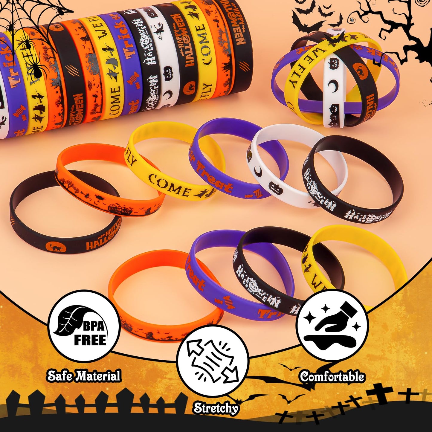 30-Pack Halloween Rubber Bracelets Bulk - Halloween Party Favors Silicone Wristbands Bracelet for Party Gifts,Trick or Treat Goo