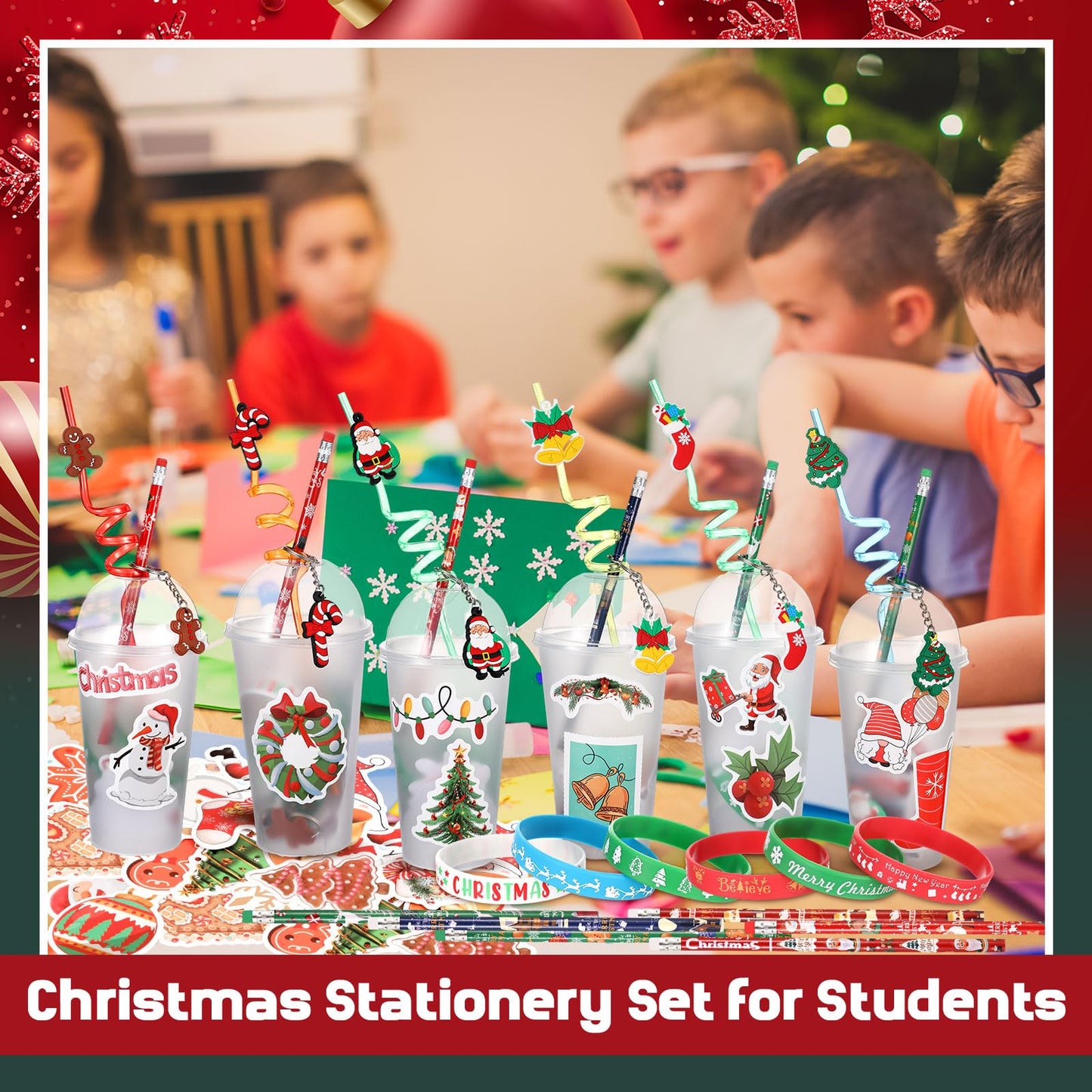 Seenelling 24 Set Christmas Stationery Party Favors for Students Xmas Gift Cups Filler with Keychain Pencil Straw Silicone Brace