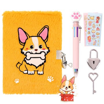 Prinbarbee Corgi Diary With Lock,Fluffy Dog Diary For 6 7 8 Year Old Girl,Kids Journal Notebook Gift Set With Multicolored Pen,P