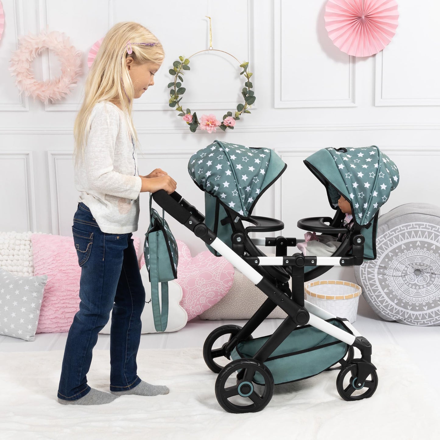 Bayer Design Dolls: Pram Xeo Twin - Green & White Stars - Seats 2 Dolls Up to 18, Shoulder Bag, Adjustable Handle, Foldable, Kid