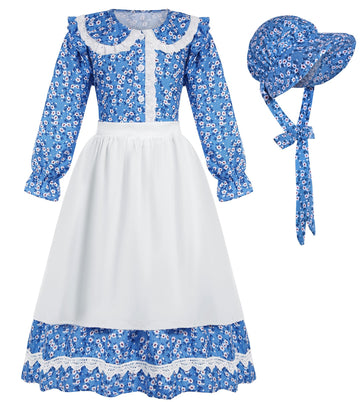 Rayekrot Girls Pioneer Costume Girls Colonial Costume Kids Floral Prairie Dress with Apron and Bonnet Blue (10-12 Years)