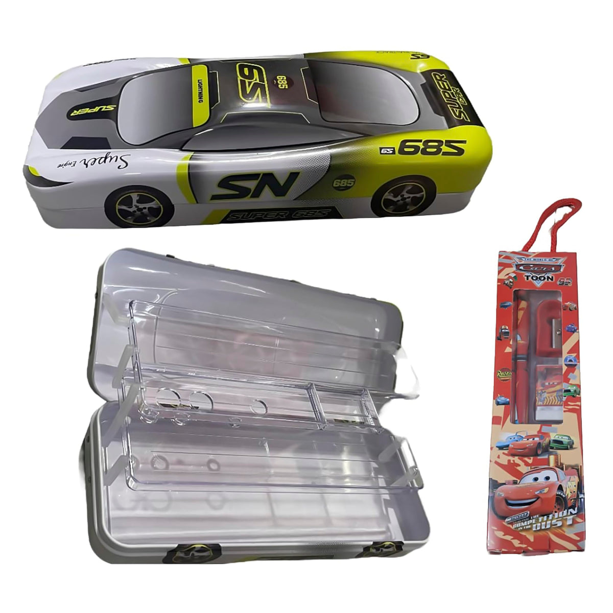 Fete Propz 2 In 1 Combo Metal Car Pencil Box/Case, Double Layer For Kids Boys Students, School Supplies, Stationery Set Organize