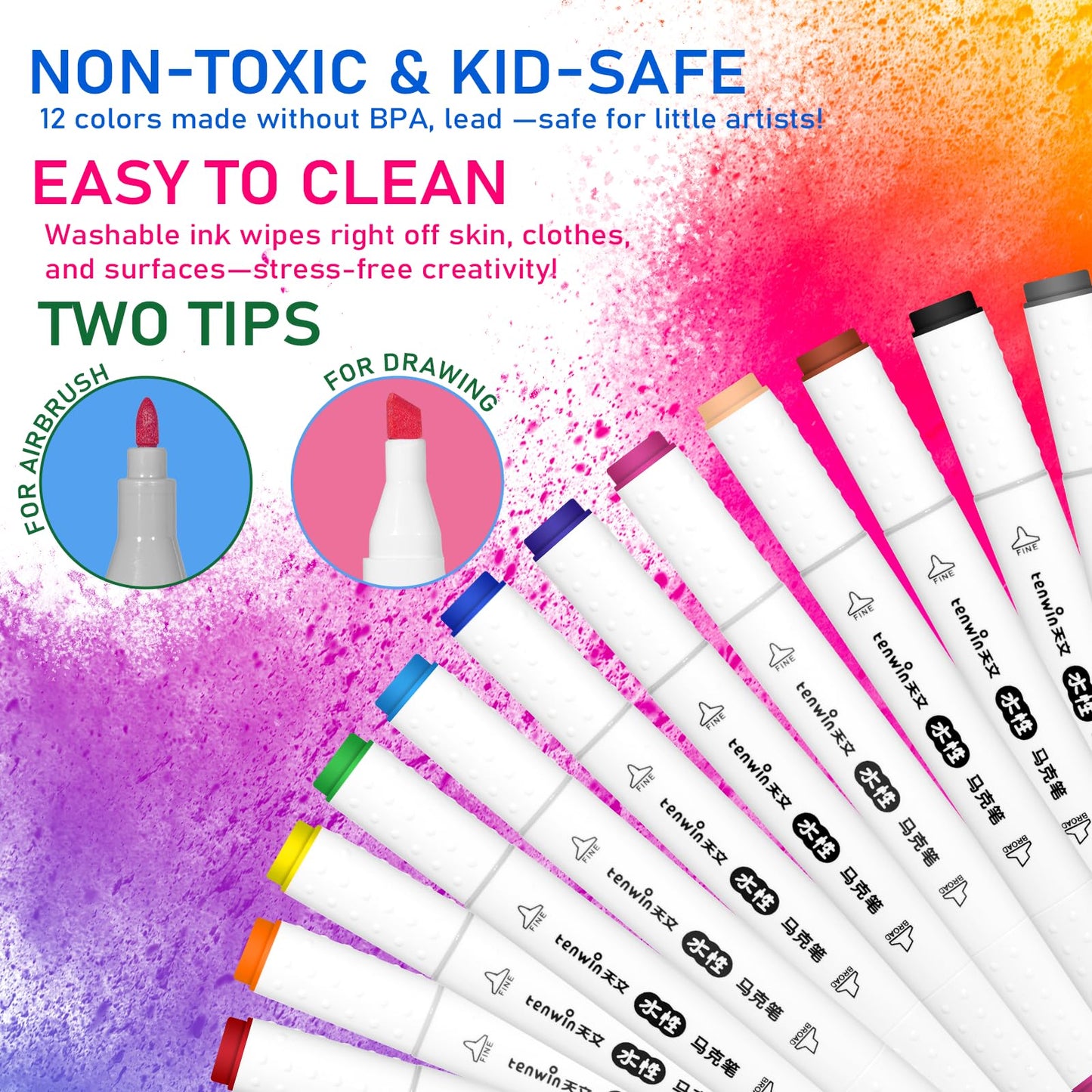 KuroShine Air Brush Marker Set for Kids Ages 6-12 | Safe, Spray Fun | 12 Washable Colors + 6 Reusable Stencils | Manual Air Pump