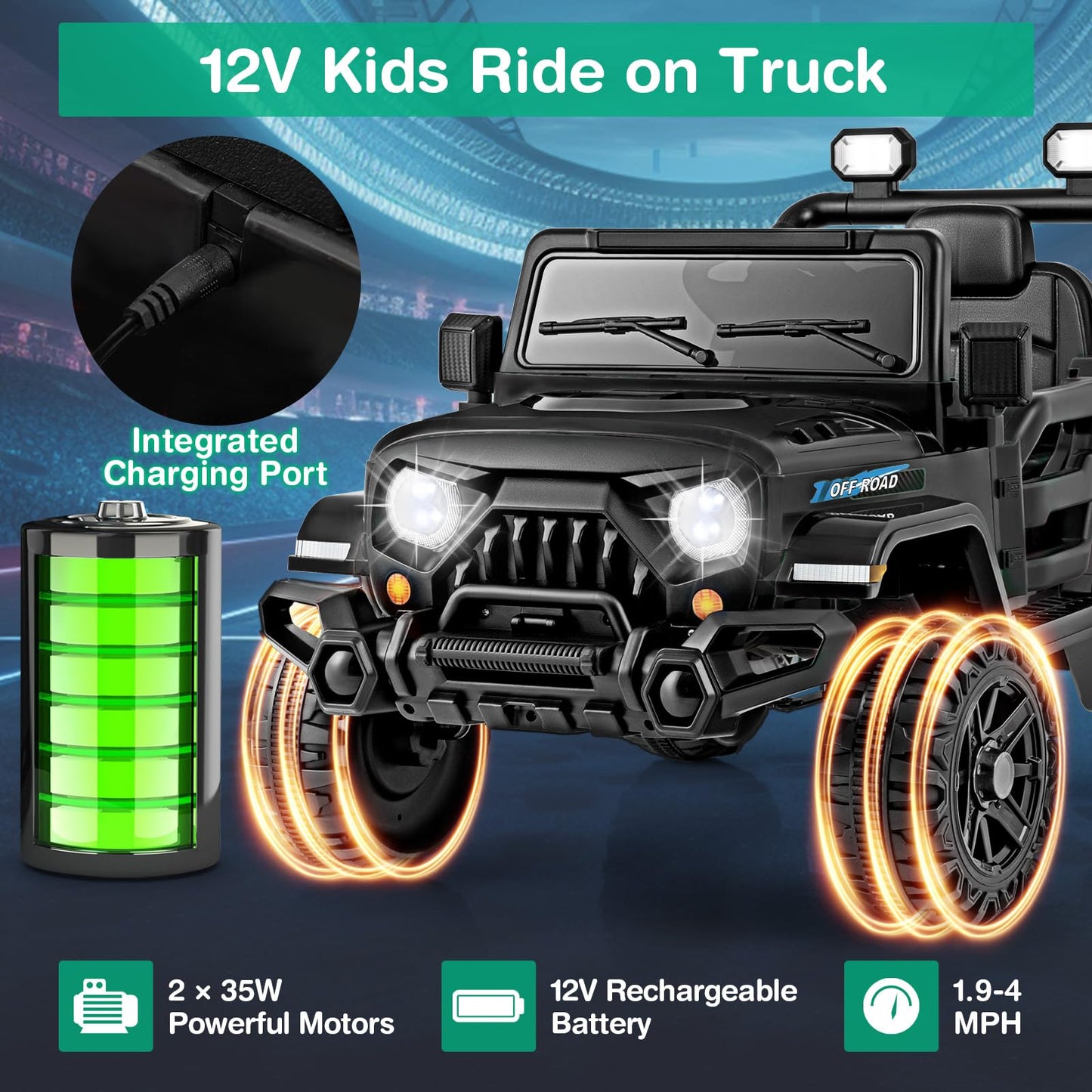 Costzon 12V Kids Ride on Truck Car, Electric Vehicle w/Remote Control, Threaded Wheels, 3 Speeds, LED Lights, Music, Horn & Wire