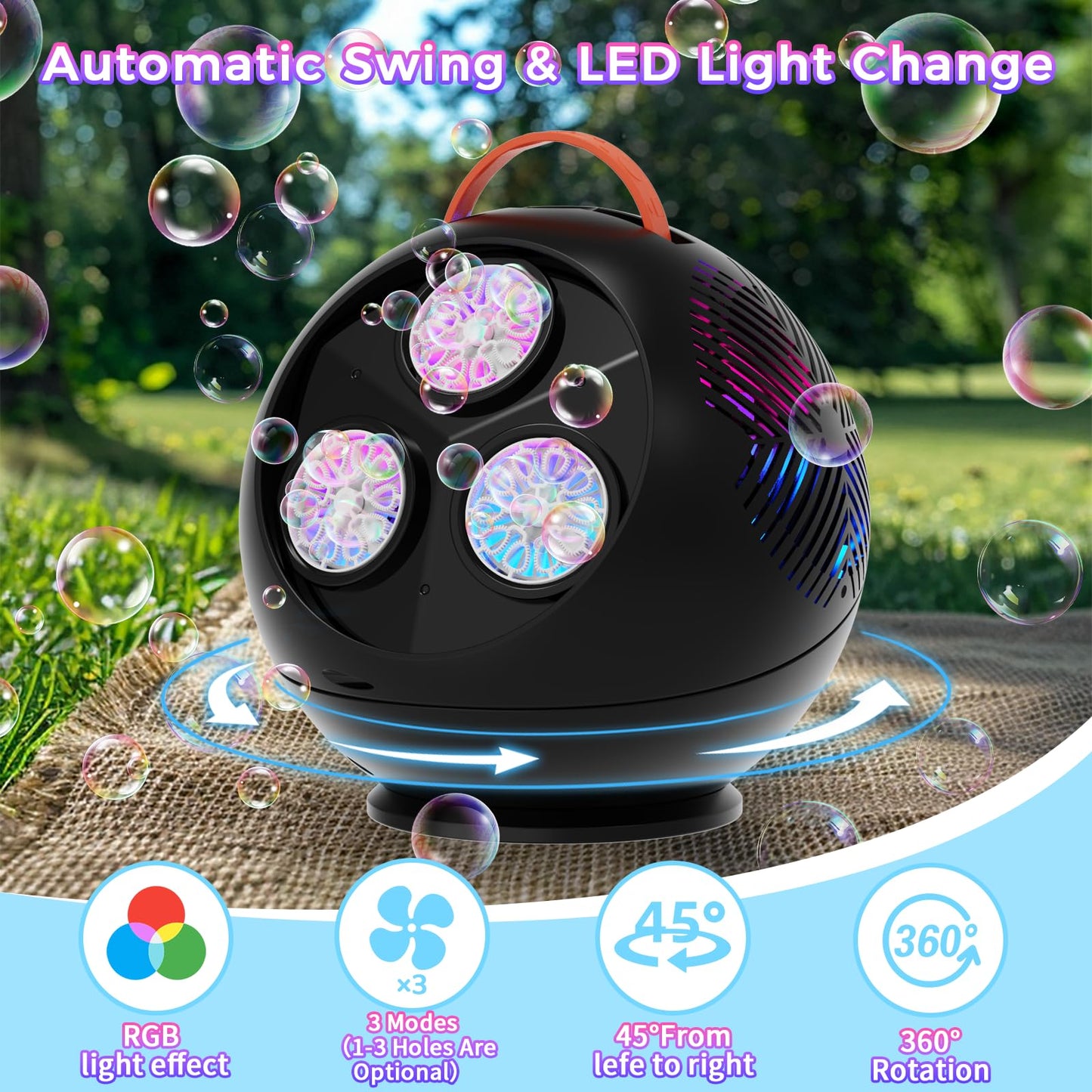 Bubble Machine Automatic Spherical Bubble Blower for Kids Rechargeable Portable LED RGB Lights with 3 Speed Levels,Blow 30000+ B