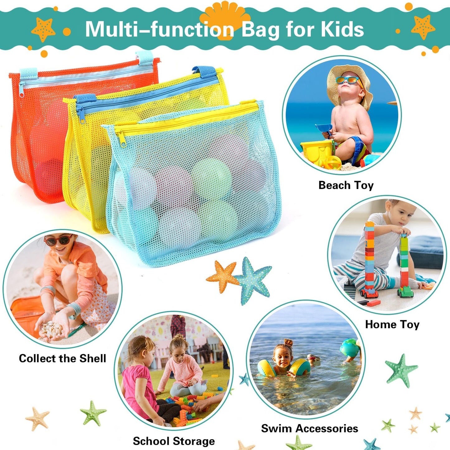 MARFOREVER 3 Pack Beach Toys Mesh Beach Bag Seashell Bag Sand Toy Shell Collecting for Holding Shells Swimming Pool Storage with