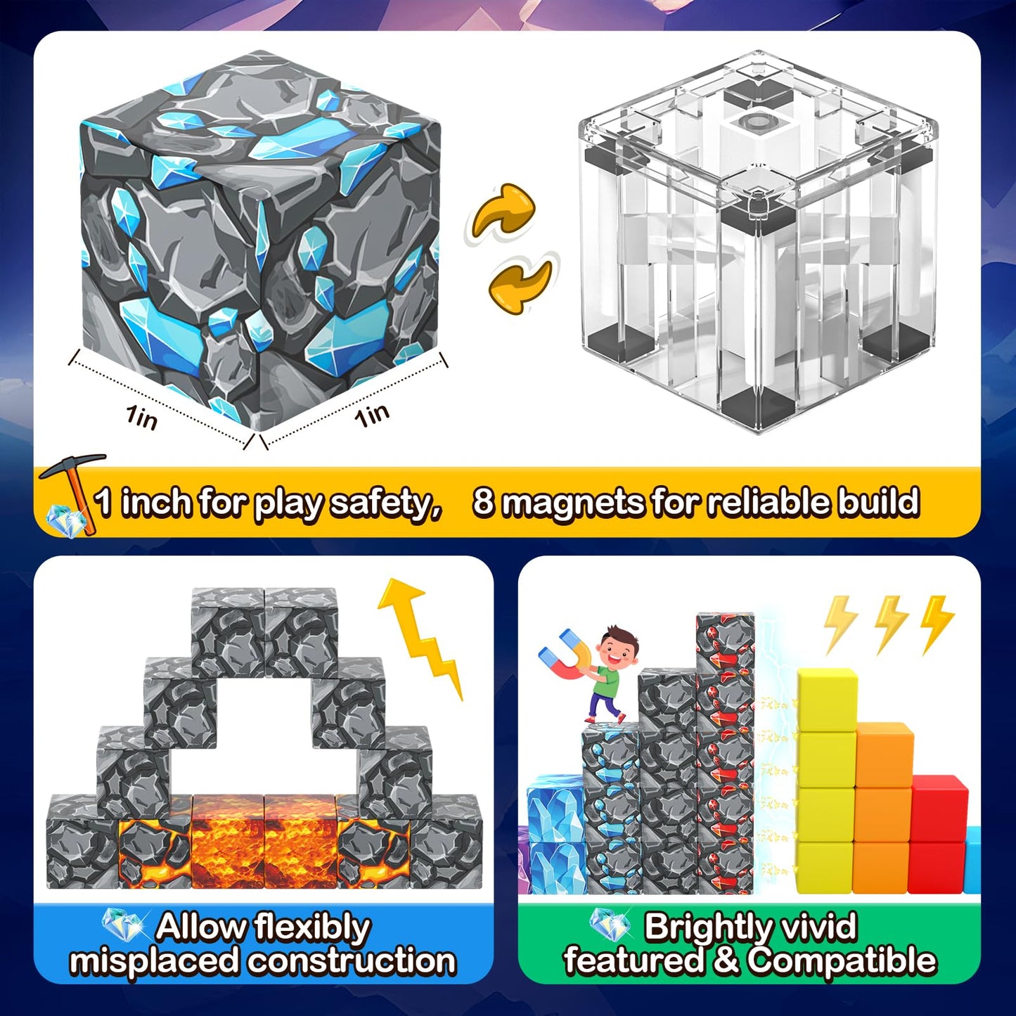 100PCS Magnetic Blocks Building Toys, Gem Cave Adventure Building Craft, Learning Sensory Toys for Boys Girls Age 3-12, Game Gif
