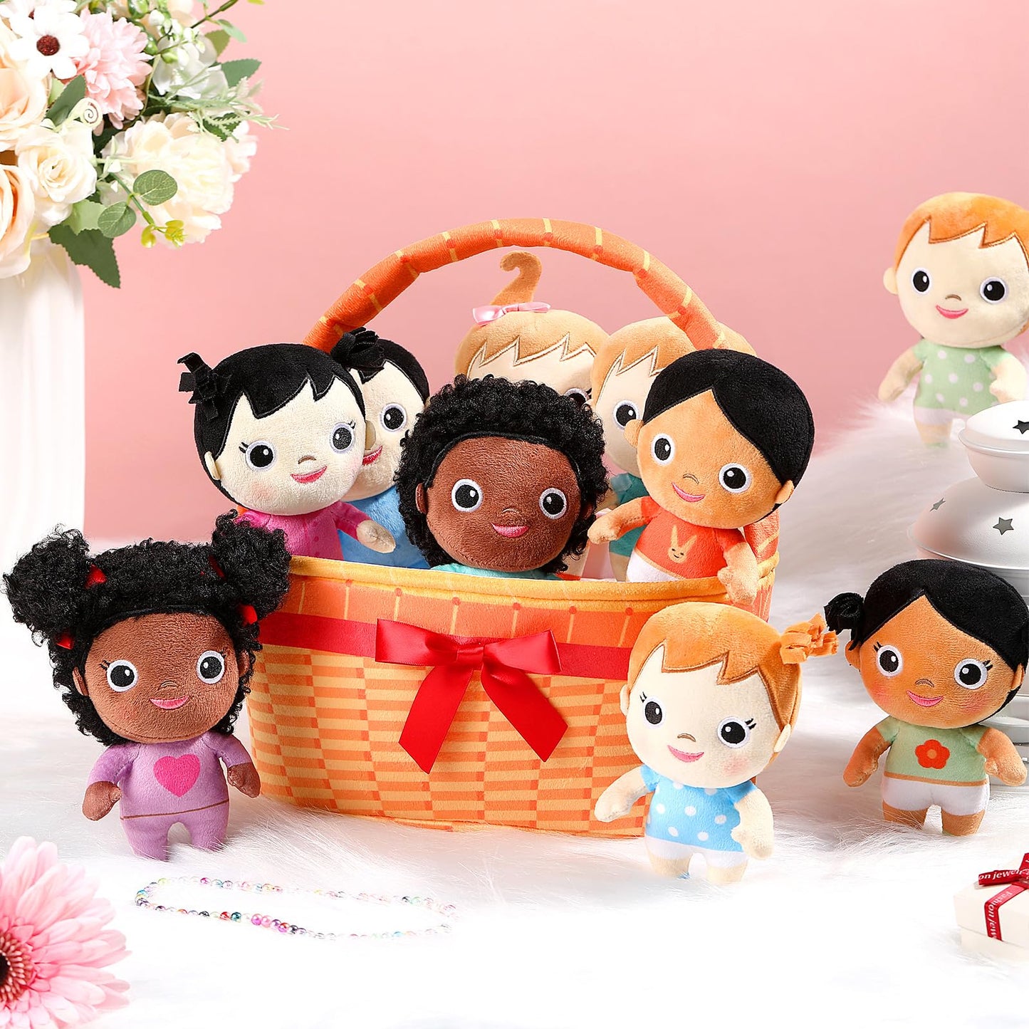 Hydren Basket Plush Baby Dolls, Set Of 10 Soft Multicultural Sensory Dolls 6'' Plush Diversity Toys For Preschool Classroom, Val