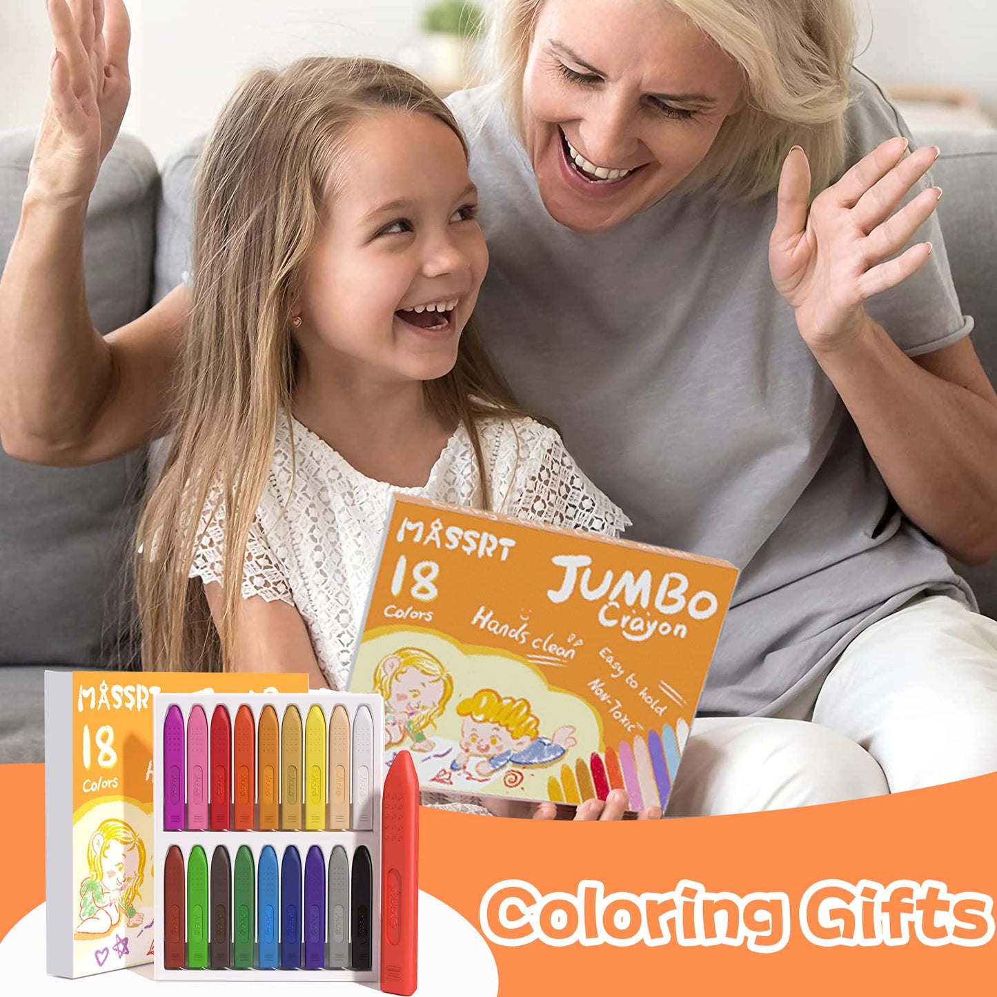 MASSRT Jumbo Triangle Crayons for Toddlers, 18 Mess-Free Colors, Non-Toxic, Easy to Hold, Washable, Ideal Coloring Gifts for Kids