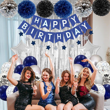 Blue And Silver Birthday Decorations For Men Boys, Navy Blue Silver Party Decoration Royal Bue Silver Birthday Balloons Happy Bi