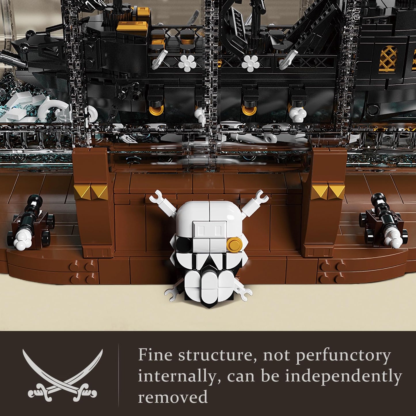 Mould King 10065 Drift Bottle Pirate Ship Building Blocks Set, 2206 Pieces, Large Black Plastic Model with Display Stand