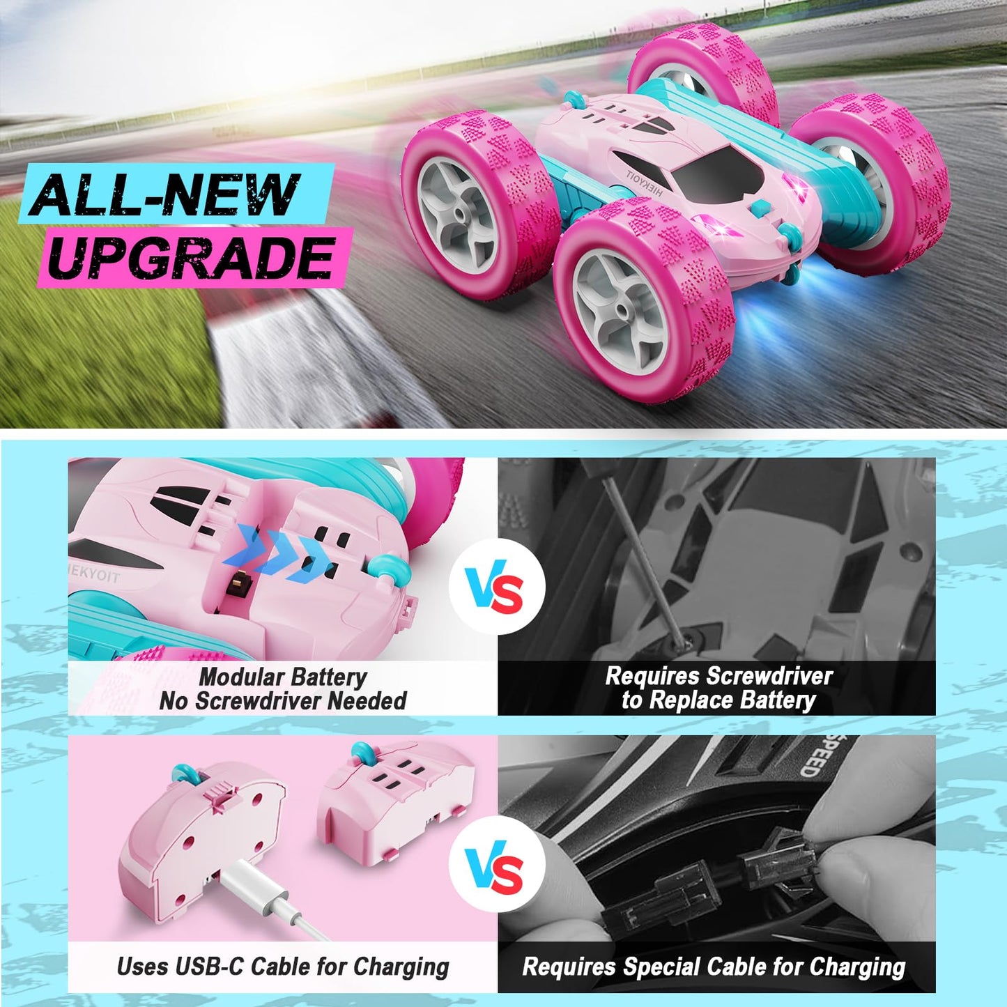 HIEKYOIT Remote Control Car, Pink RC Cars for Girls, 2.4 GHZ Double Sided RC Stunt Car 360 Rotating Remote Control Crawler with