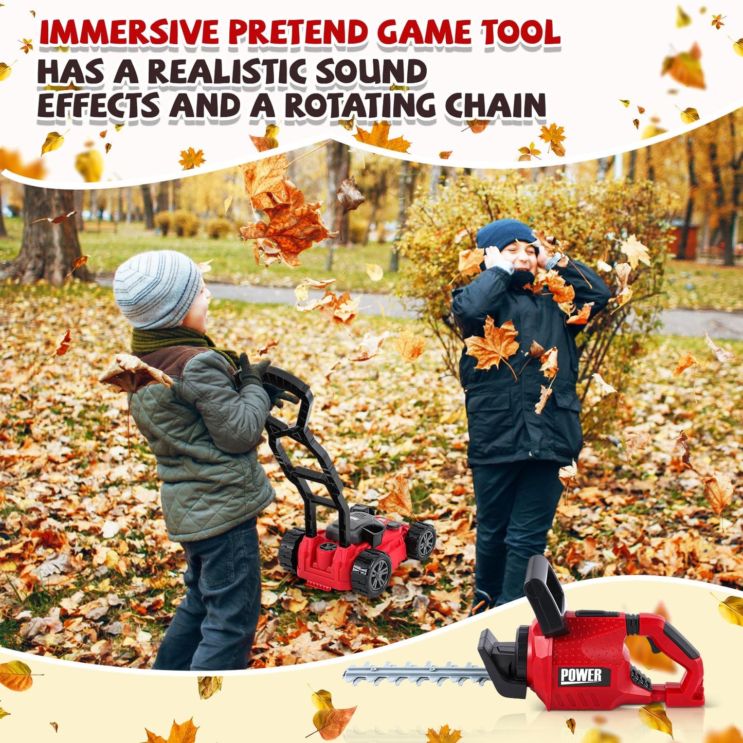 Arrowbash 4 Pcs Toy Gardening Tool Set for Kids Toy  Trimmer Chainsaw Hedge Trimmer Push Lawn Mower Battery Role Play Set Christmas Birthday Party Gift for Boys Girls