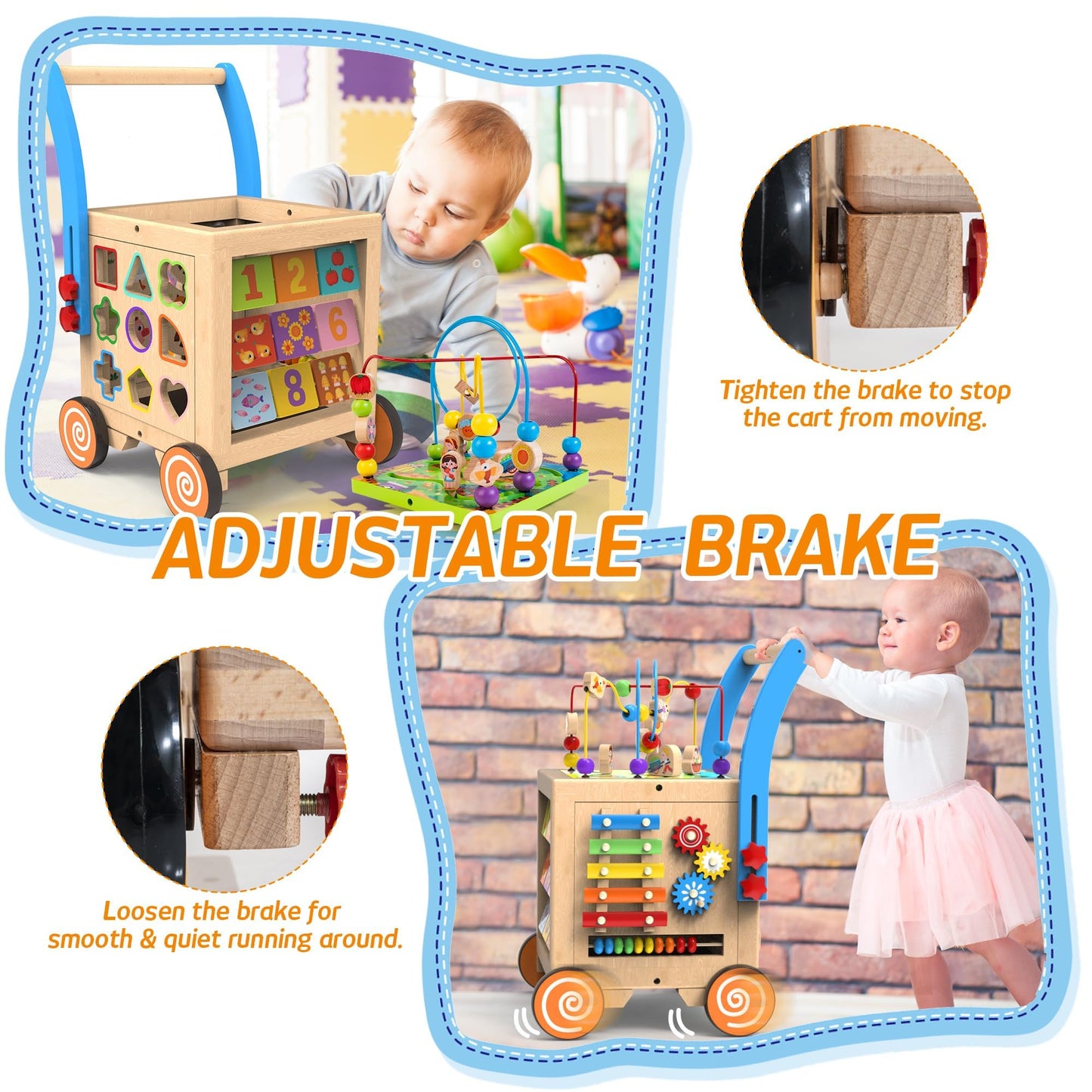 Woodmam 9-In-1 Wooden Activity Cube | Wooden Baby Walker, Sit-To-Stand Learning Walker Activity Center, Early Educational Push & Pull Toys For Baby Toddler Boys Girls, Height & Brake Adjustable