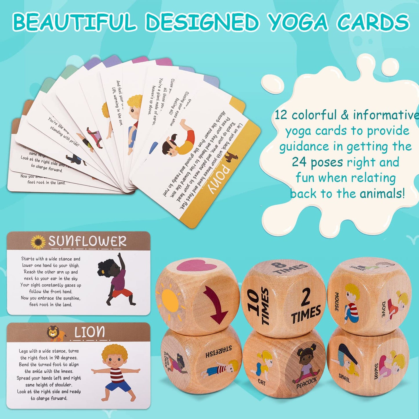 Garybank Kids Yoga Dice - Fun Exercise Game with 12 Yoga Cards & Wooden Box, Ideal for Kids