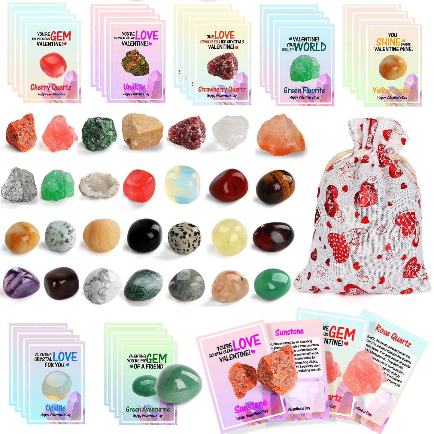 RILSIC Valentines Day Gifts for Kids - 28 Pack Valentine Day Exchange Cards & Natural Gemstone Crystals Rocks Minerals Bulk,Vale
