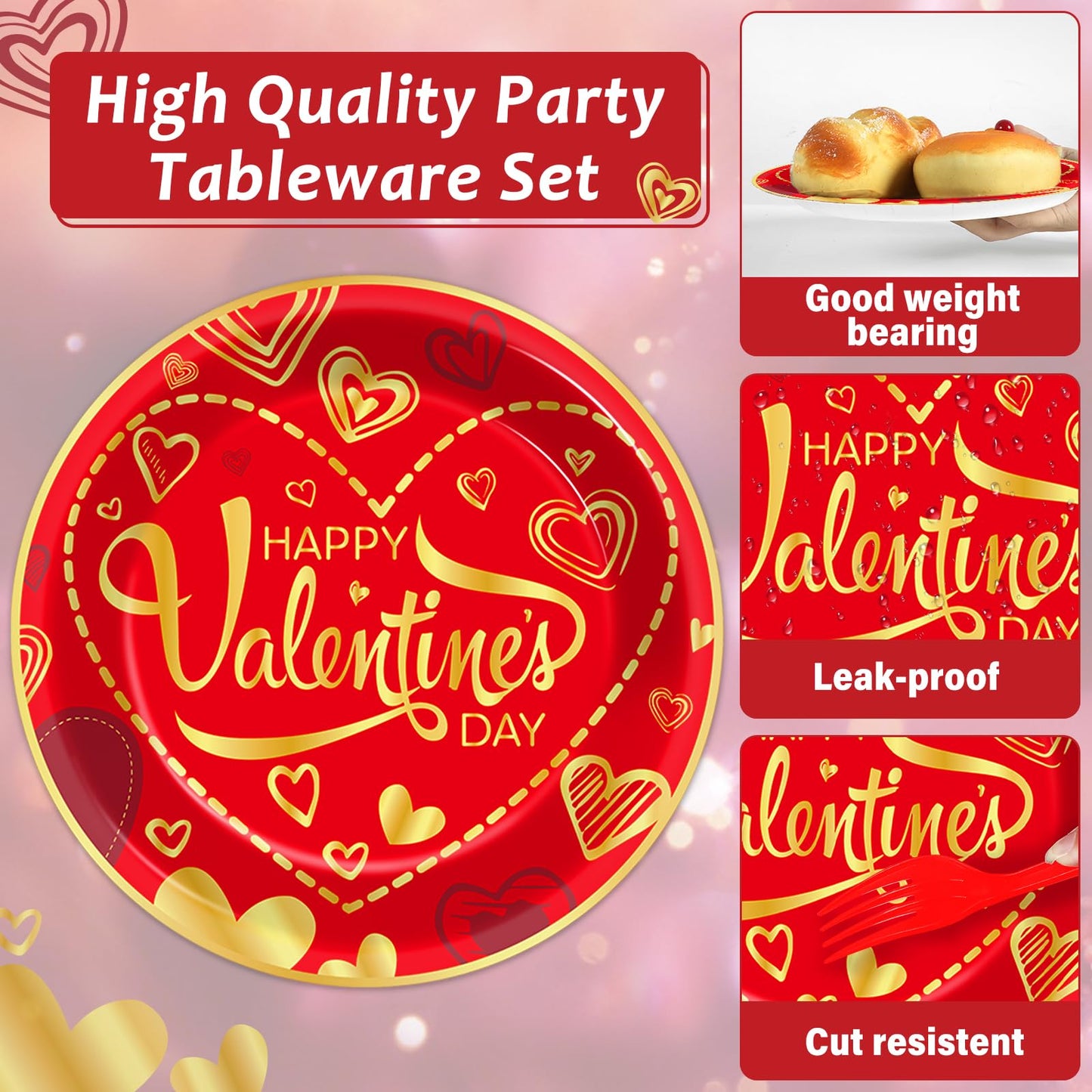 96 Pcs Valentine'S Day Plates Napkins Valentines Day Party Decorations Paper Plate Supplies Red And Gold Dinner Dessert Tablewar