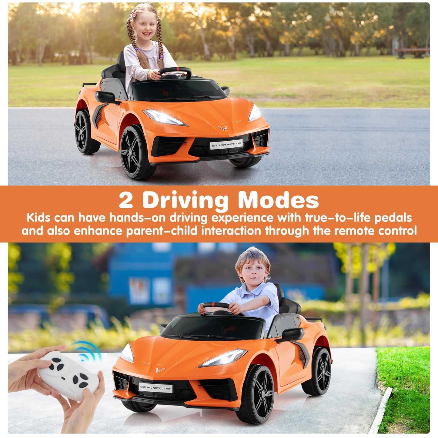 Costzon Ride On Car  Licensed Chevrolet Corvette C8 Kids' Electric Vehicles w/Remote Control  Wireless Connection  Lights/Horn/Music/4-Wheel Spring Suspension  Kids Car for Boys Girls Aged 3+(Orange)