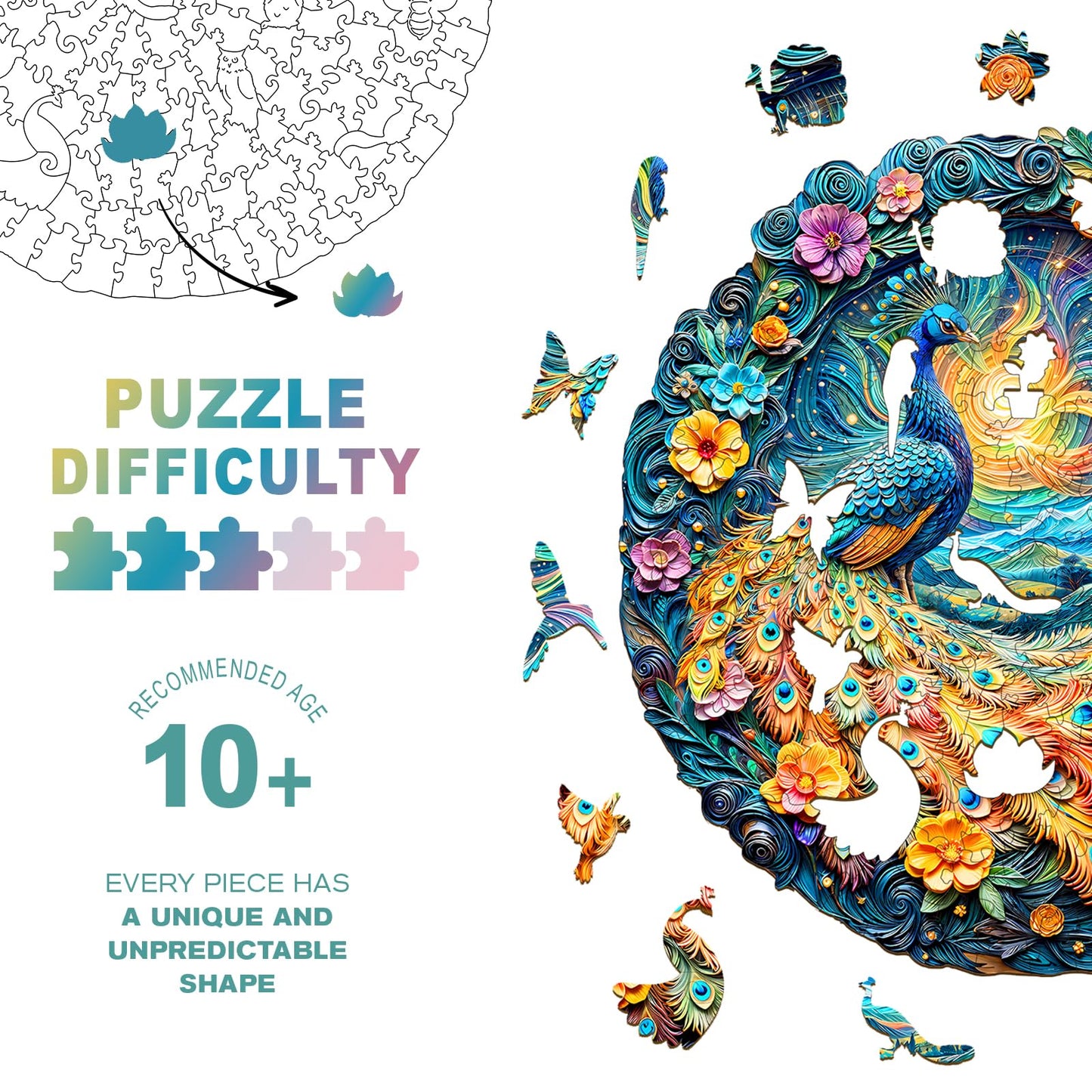 Wooden Puzzles for mature-themeds  Unique Animal Shaped mature-themeds Puzzle  Peacock Wooden Jigsaw Puzzles mature-themed  Challenging Creative Gifts Family Games 11.4 * 11.4in 200pcs
