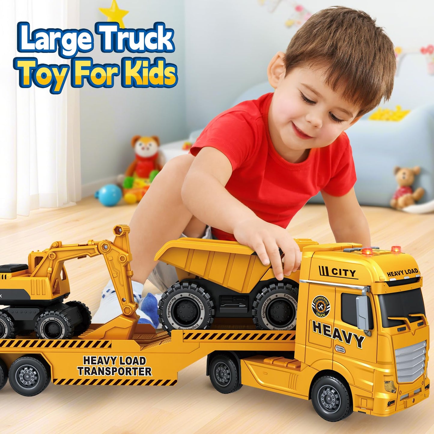 SpringFlower 3 4 5 6 Toddler Boy Toys, 25'' Construction Carrier Truck Toy with Excavator and Dump Truck,3 in 1 Truck Boy Toy, C
