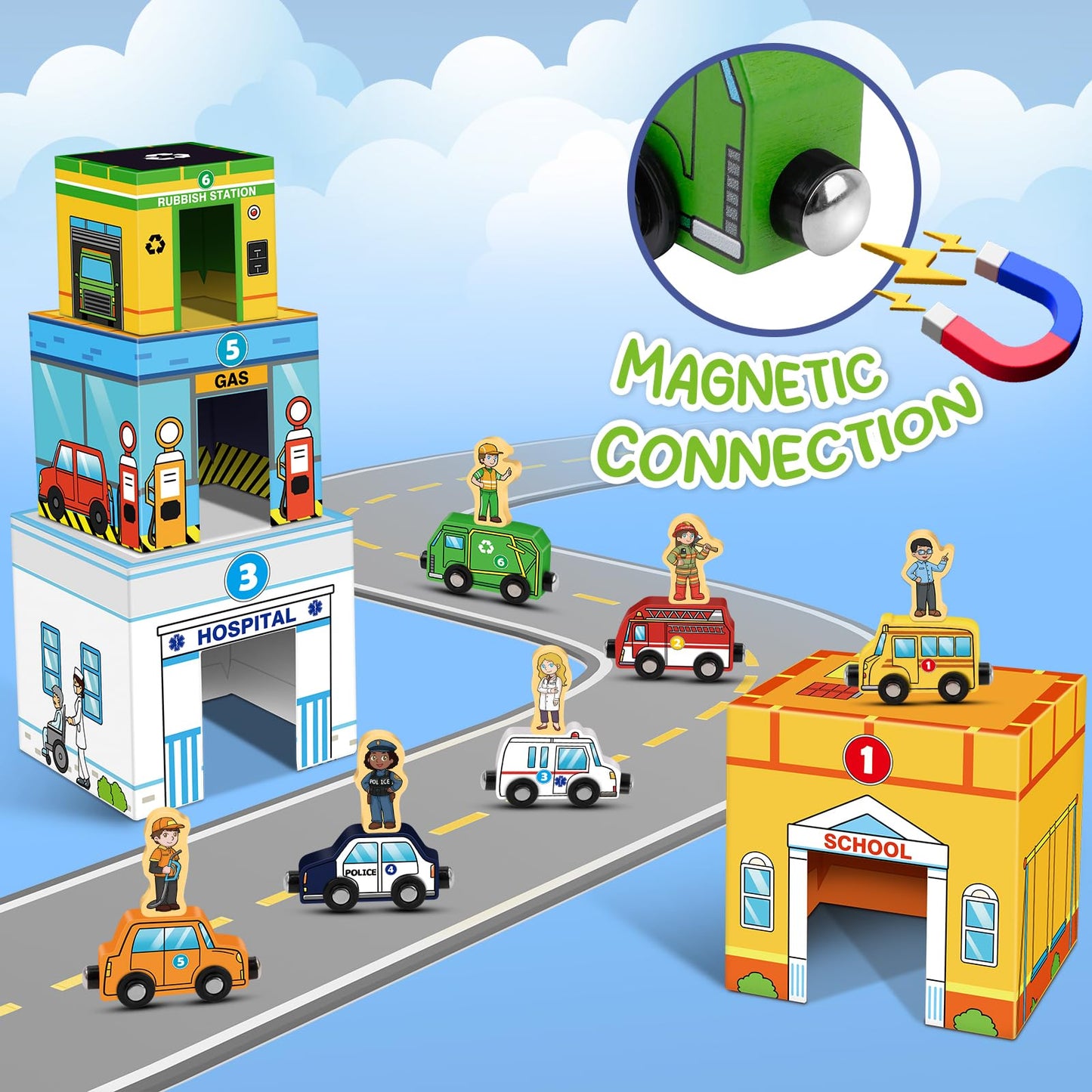 Aizweb Magnetic Wooden Vehicle Stacking Set,Sorting & Building STEM Blocks Cars Toys for Toddlers,Cardboard Educational Preschoo