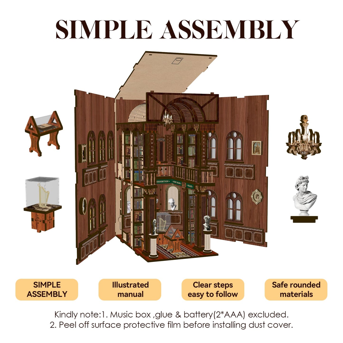 Sunnino Book Nook Kit - Diy Miniature House Kit 3D Wooden Puzzles With Led Lights, Diy Book Nook Kits For Adults Unique Doll Hou