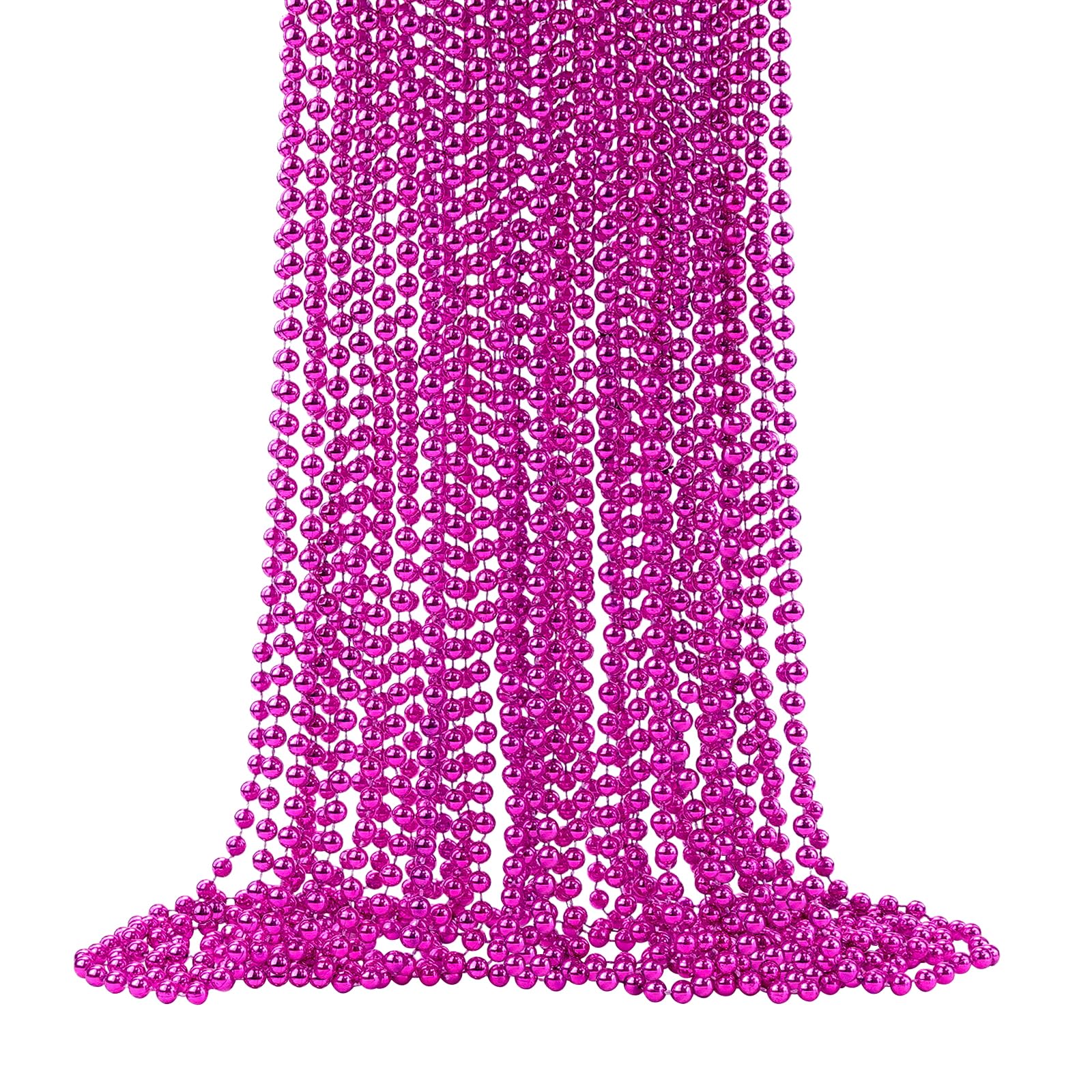 SHAOQINLIN 24 Pcs 33 Inch 7 mm Metallic Hot Pink Bead Necklaces, Mardi Gras Beads Necklaces Party Beads Necklace Bulk Round Canc