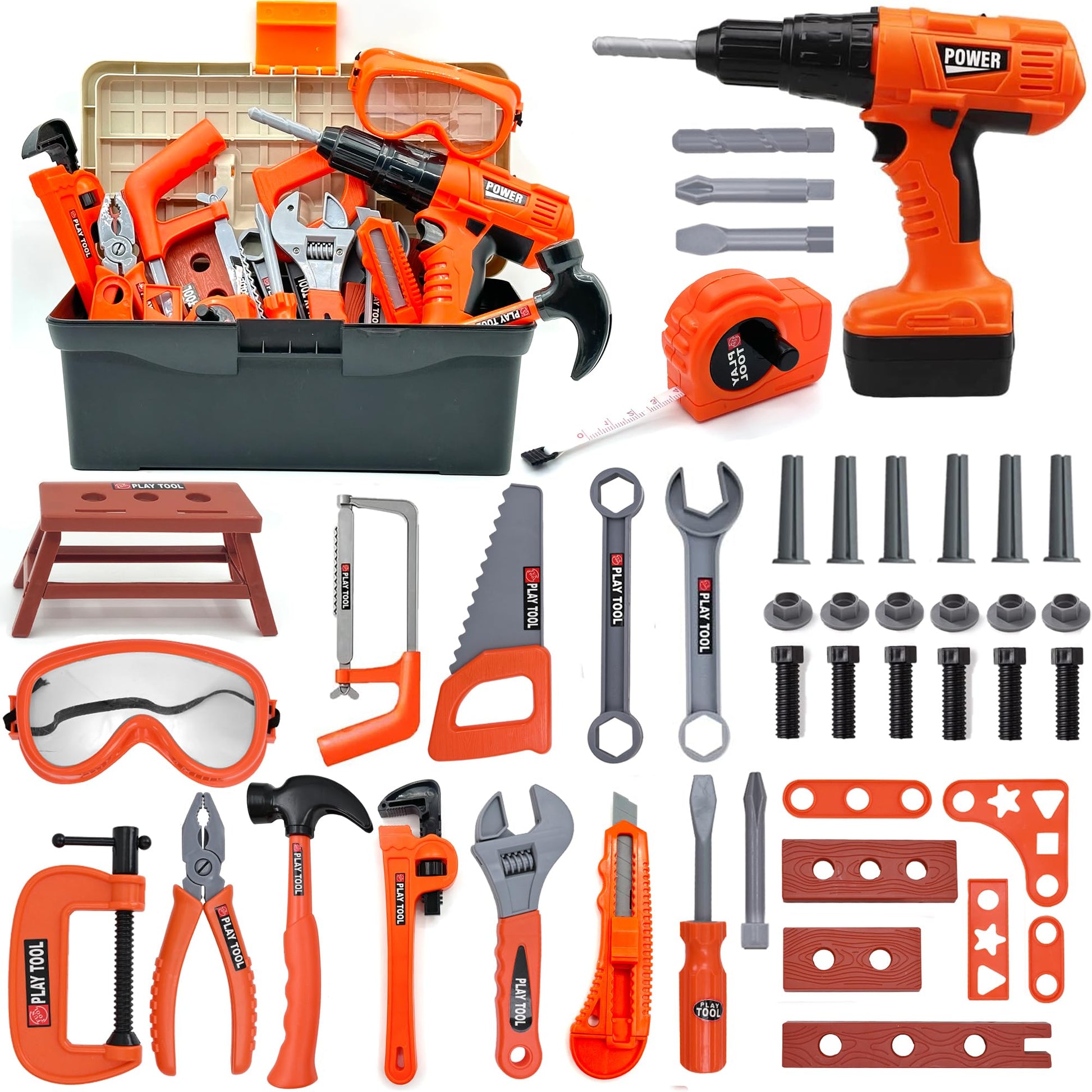 HYRENEE Kids Tool Set - 48 Piece Toddler Tool Set with Electronic Toy Drill& Tool Box,Pretend Play Kids Toys,Construction Kits T