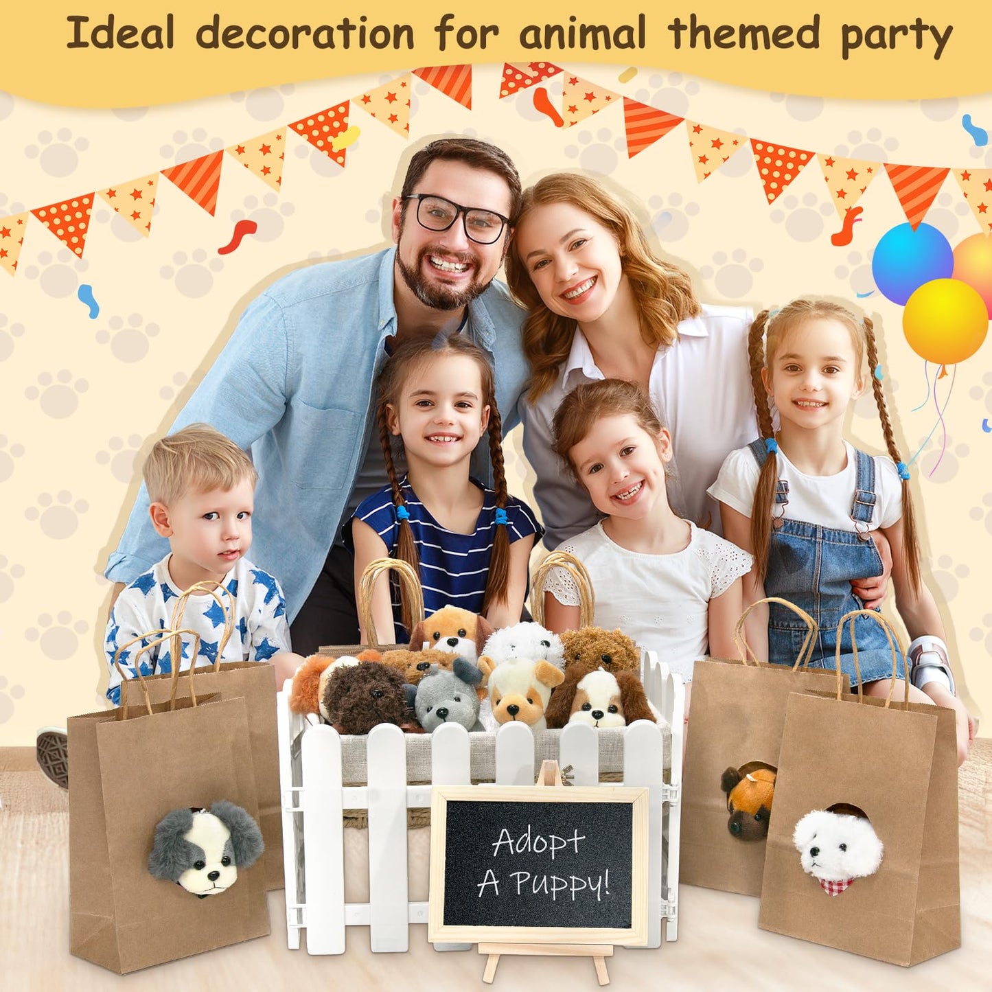 35Pcs Adopt A Puppy Party Favors Mini Stuffed Animals Set Includes 12Inch Rattan Frame 12 Pcs Mini Plush Dogs 12 Gift Bags White