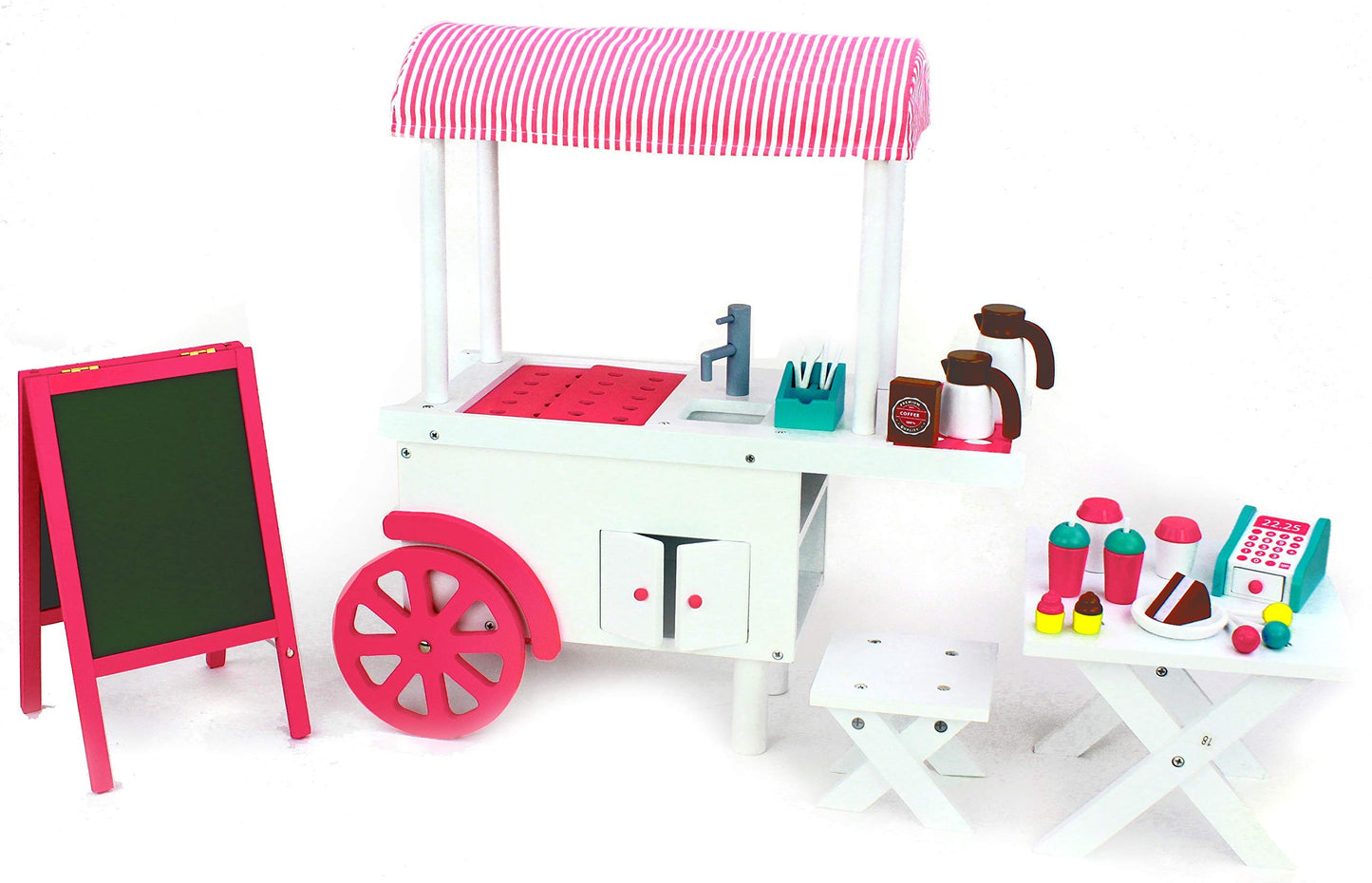 Playtime By Eimmie 18 Inch Doll Furniture - Cafe Food Cart And Dolls Accessories - Wooden Playsets - Fits American, Generation, My Life & Similar 14”-18” Girl Dolls Stuff - Girls Toys