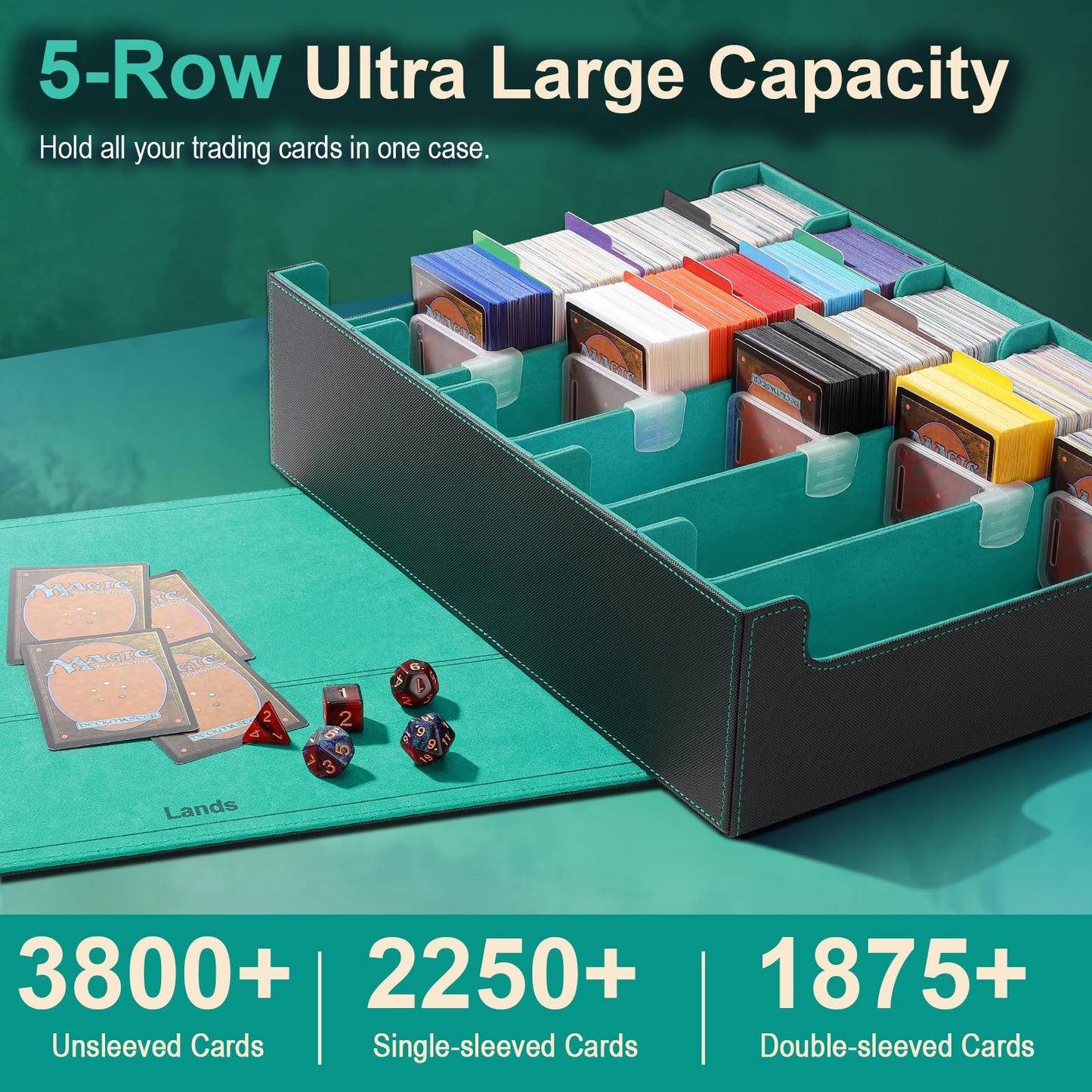 TiMOVO Trading Cards Storage Box, 3800+ MTG Card Deck Box with 24 Colorful Dividers & 5 Card Supporters, 5 Rows Magnetic Leather
