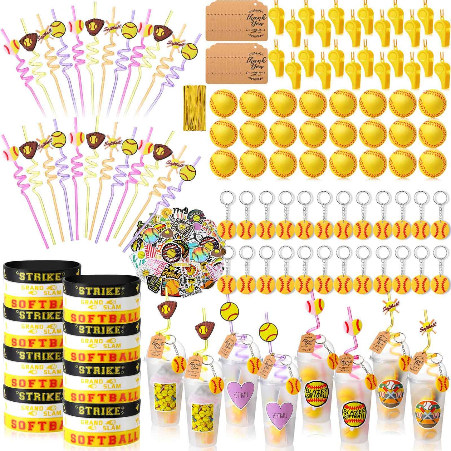 Weysat 268 Pcs Softball Party Favors Sets for 24 People Birthday Gifts Goody Cups with Straws Key Chains Whistles Silicone Wrist